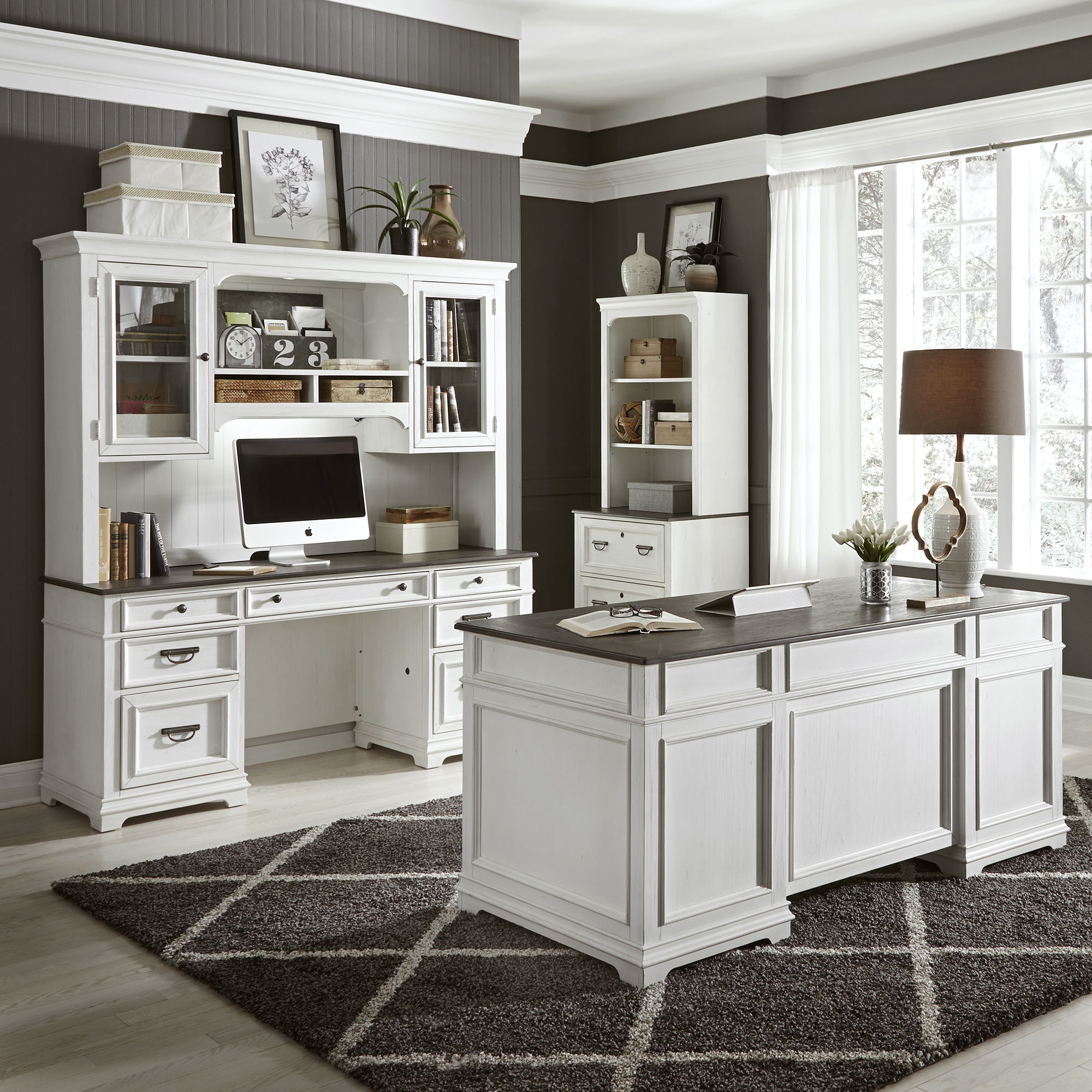 Allyson Park - 3 Piece Home Office Set (Complete Desk) - Wirebrushed White / Charcoal