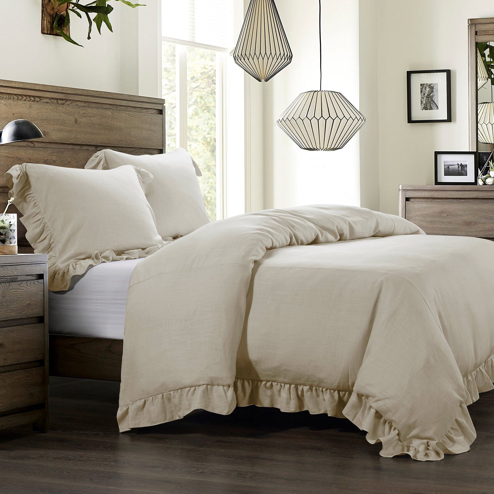 Lily - Queen Washed Linen Comforter Set (Set of 3) - Light Tan