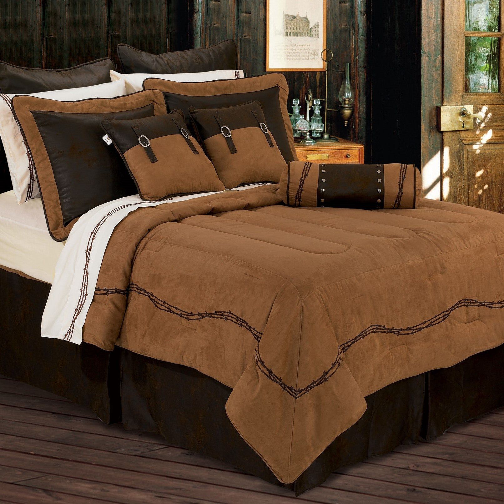 Rustic Barbwire - Queen Barbwire Comforter Set (Set of 7) - Tan