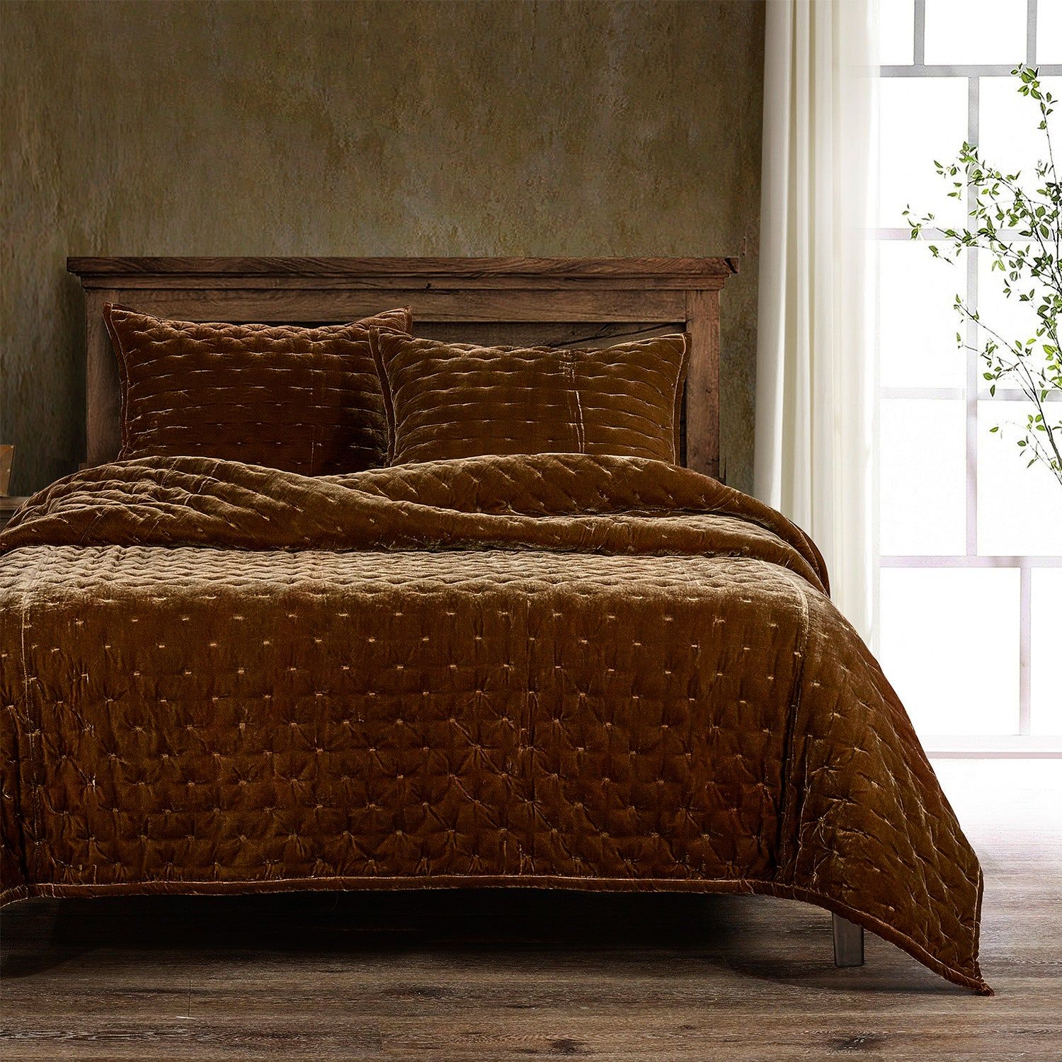 Stella - Full/Queen Faux Silk Velvet Pintuck Quilt Set (Set of 3) - Copper Brown