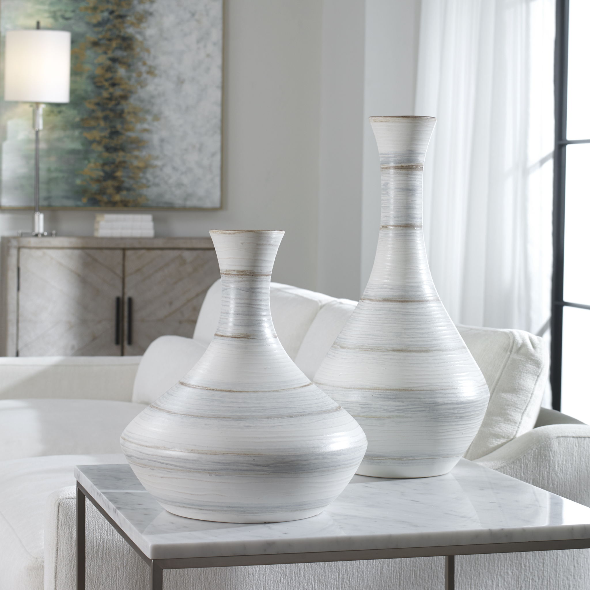 Potter - Fluted Striped Vases (Set of 2) - Light Blue