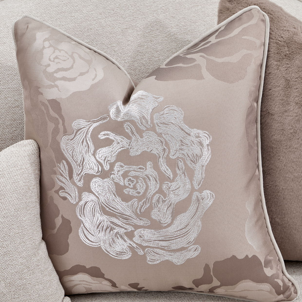 Camellia Field - Chenille Sofa - Beige / Dark Brown