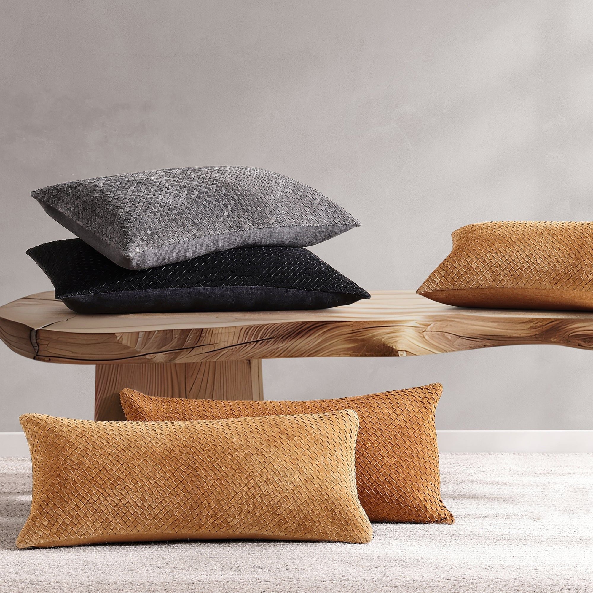 Genuine Leather - Woven Suede Lumbar Pillow - Black