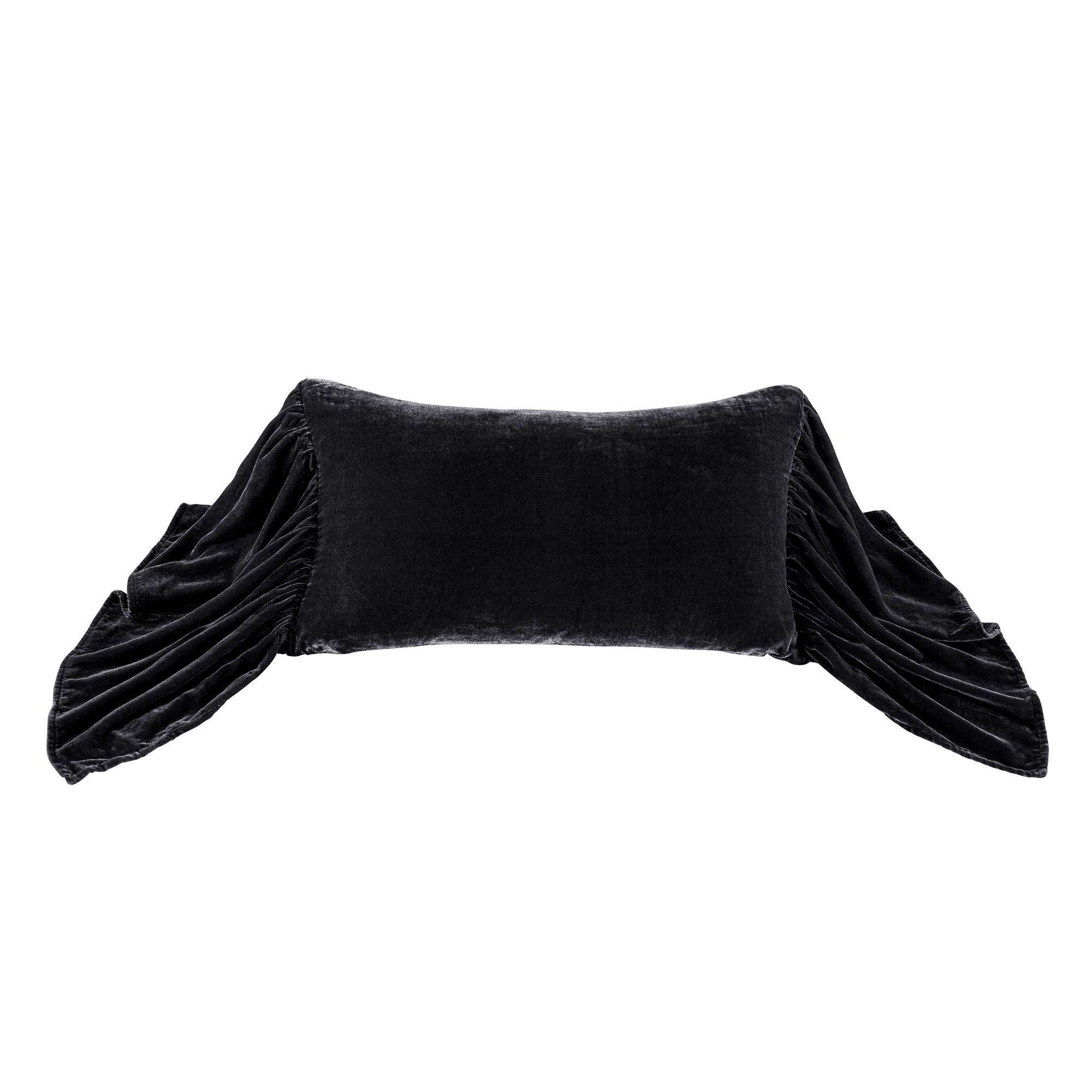 Stella - Faux Silk Velvet Long Ruffled Pillow - Black