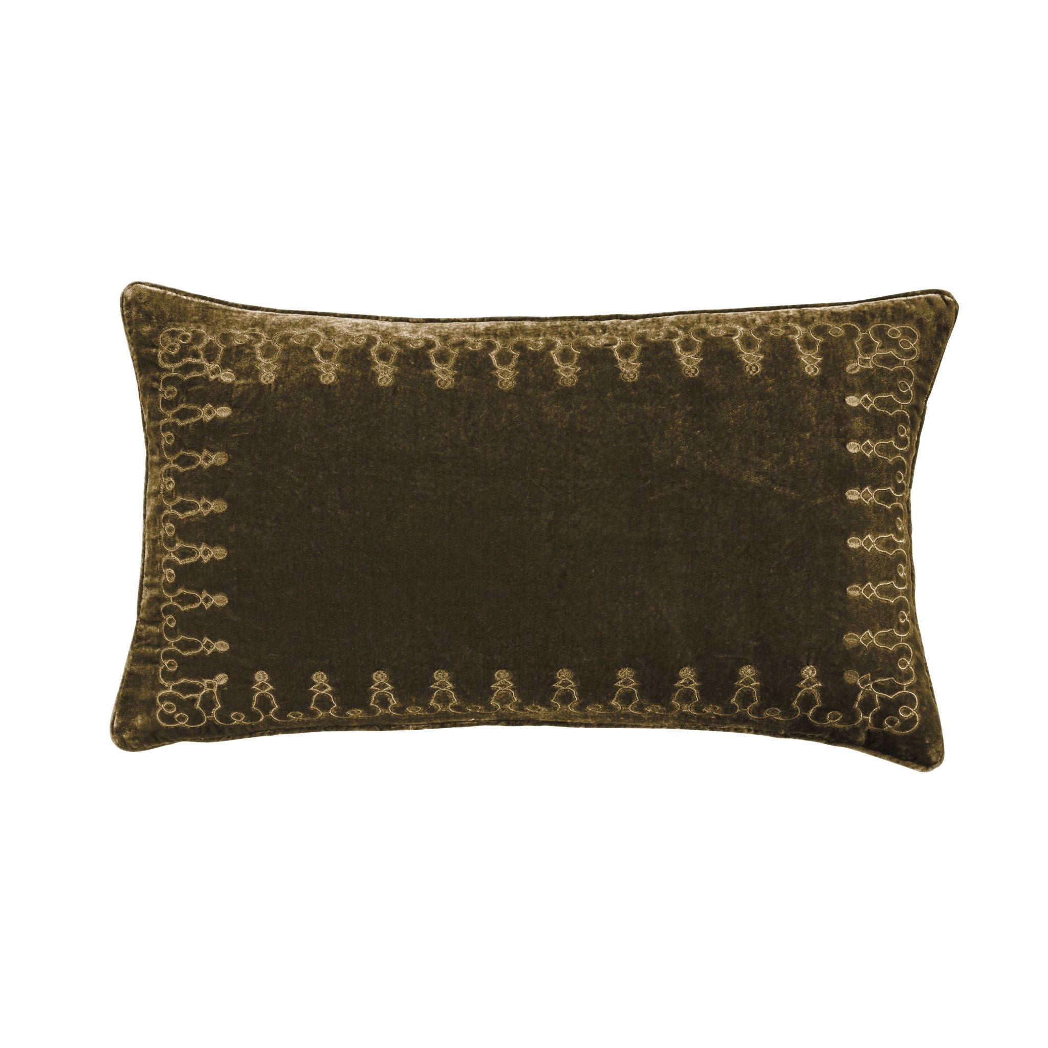 Stella - Faux Silk Velvet Embroidered Lumbar Pillow - Green Ochre