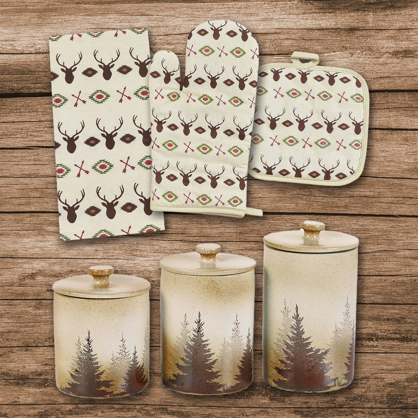 Aztec Bear - Aztec Multi Deer Print & Clearwater Pines Set (Set of 13) - Cream / Brown