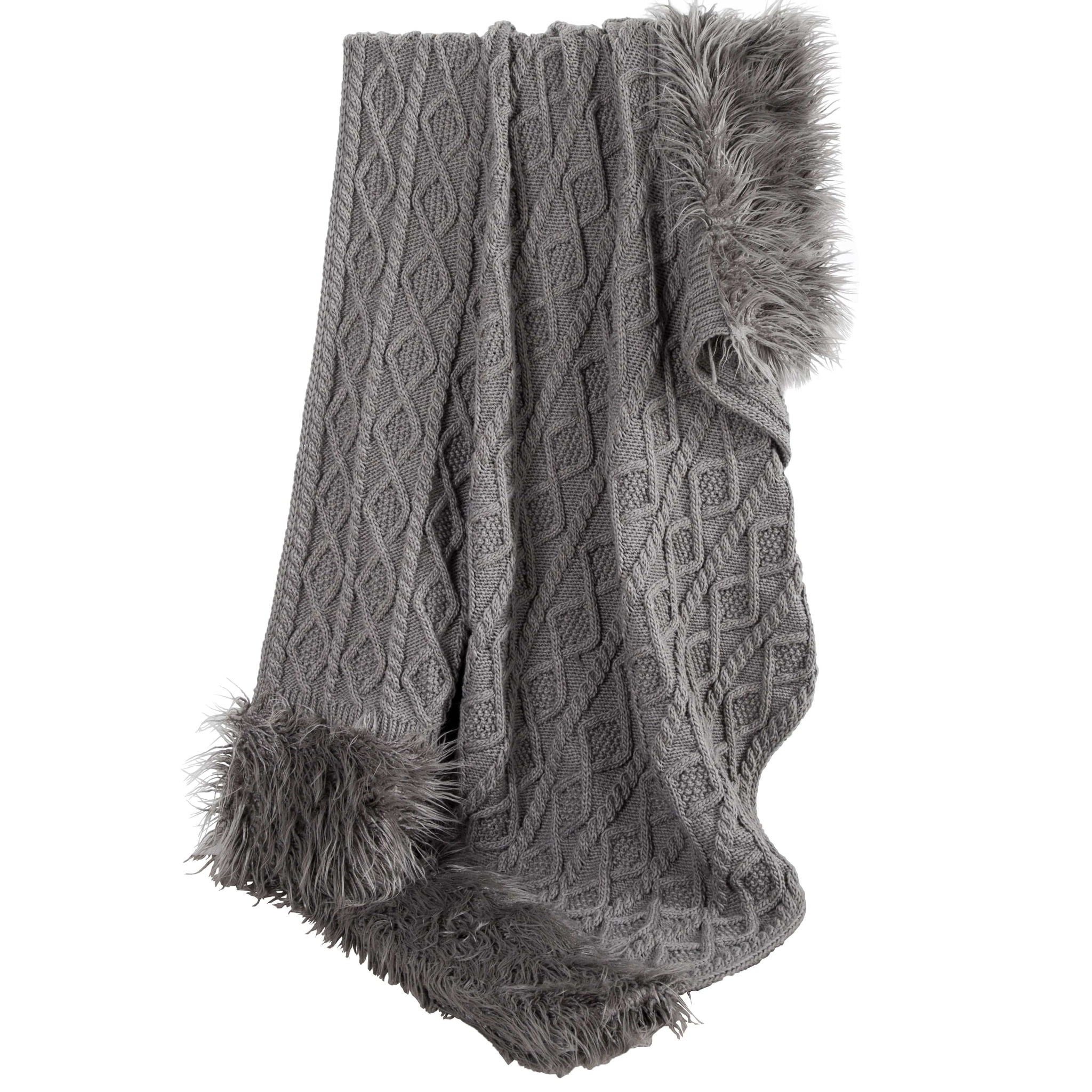 Nordic - Cable Knit & Mongolian Fur Oversized Throw Blanket - Gray