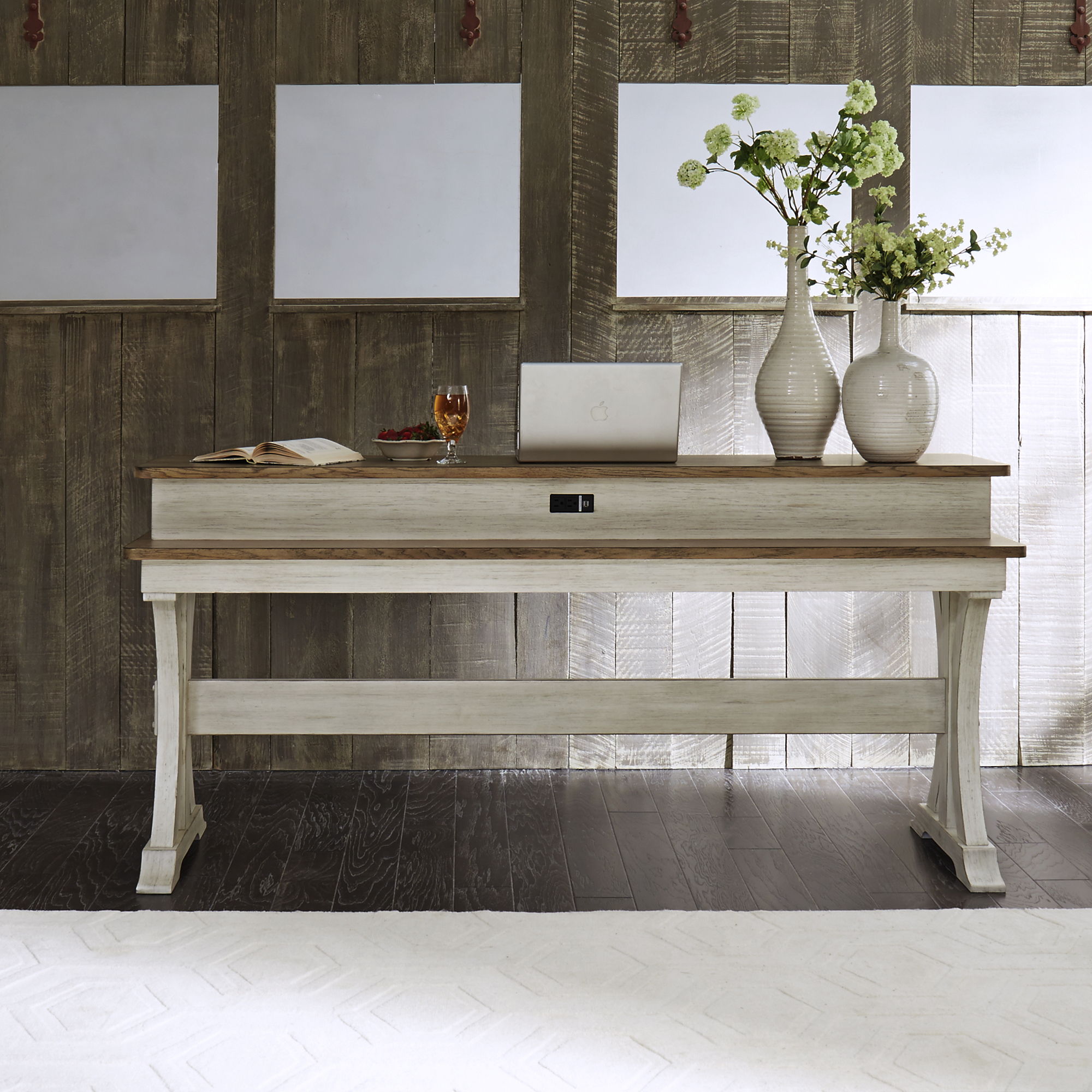 Farmhouse Reimagined - Console Bar Table - Antique White / Chestnut Tops