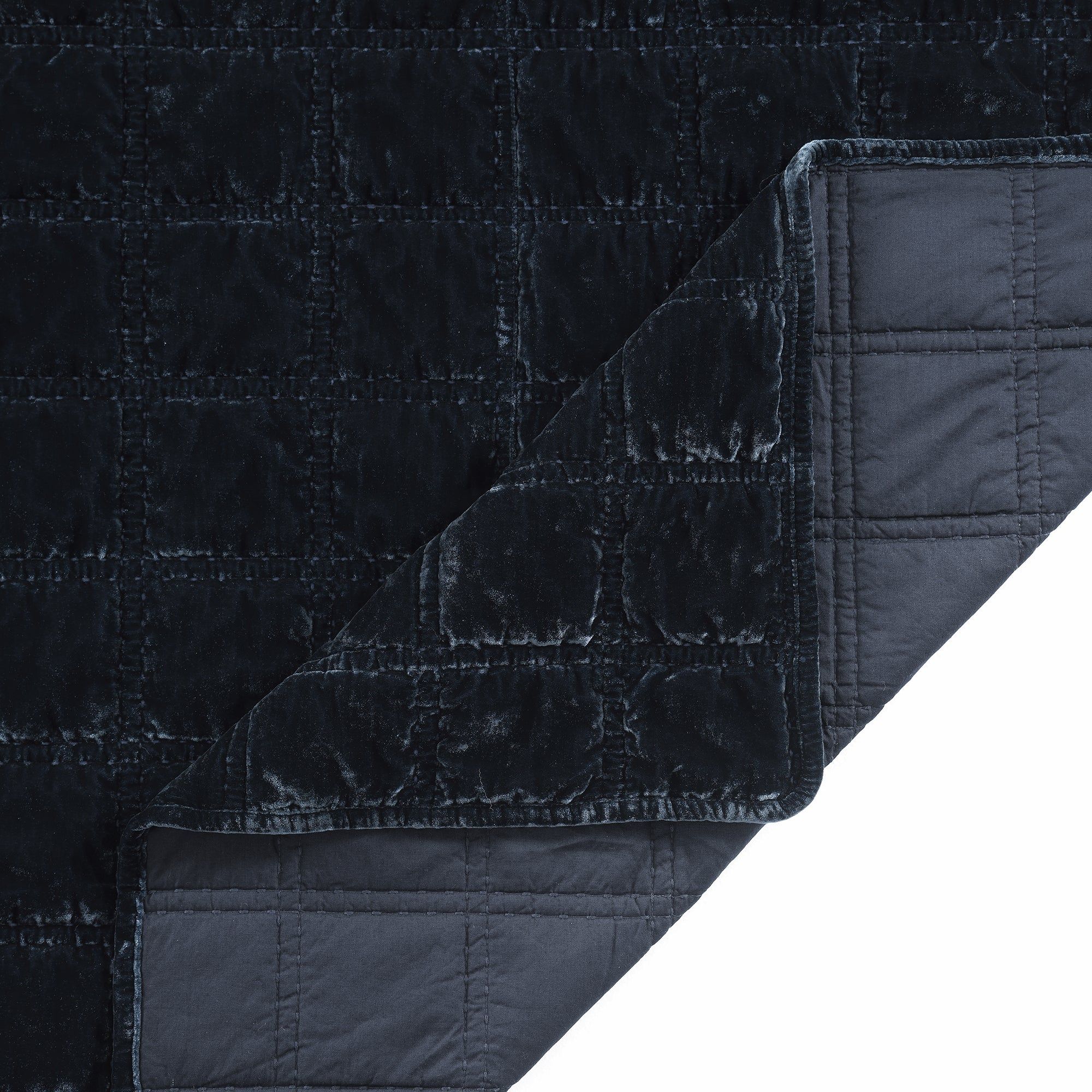 Stella - King Faux Silk Velvet Double Box Stitch Quilt Set (Set of 3) - Midnight Blue