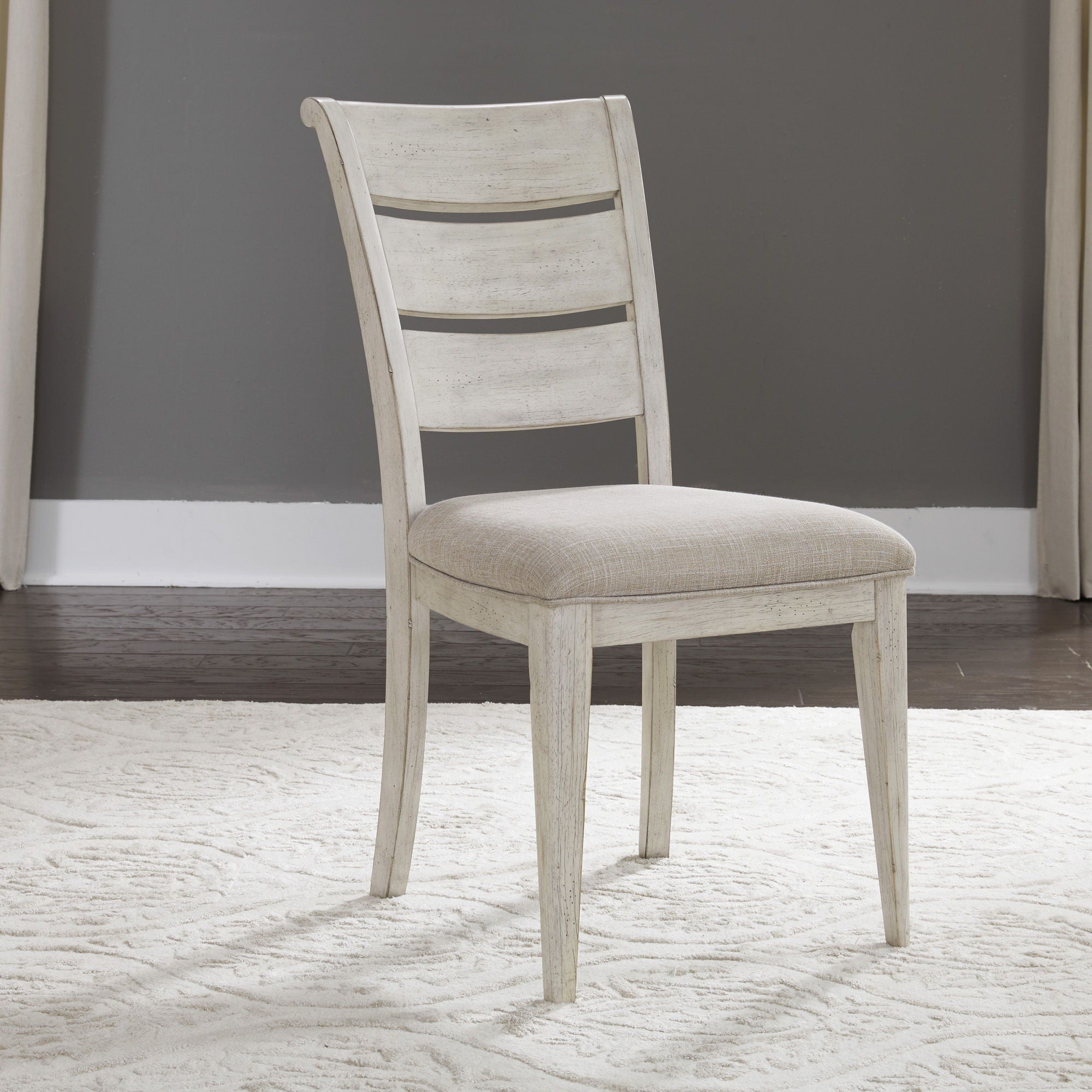 Farmhouse Reimagined - Ladder Back Upholstered Side Chair - Antique White / Chestnut Tops