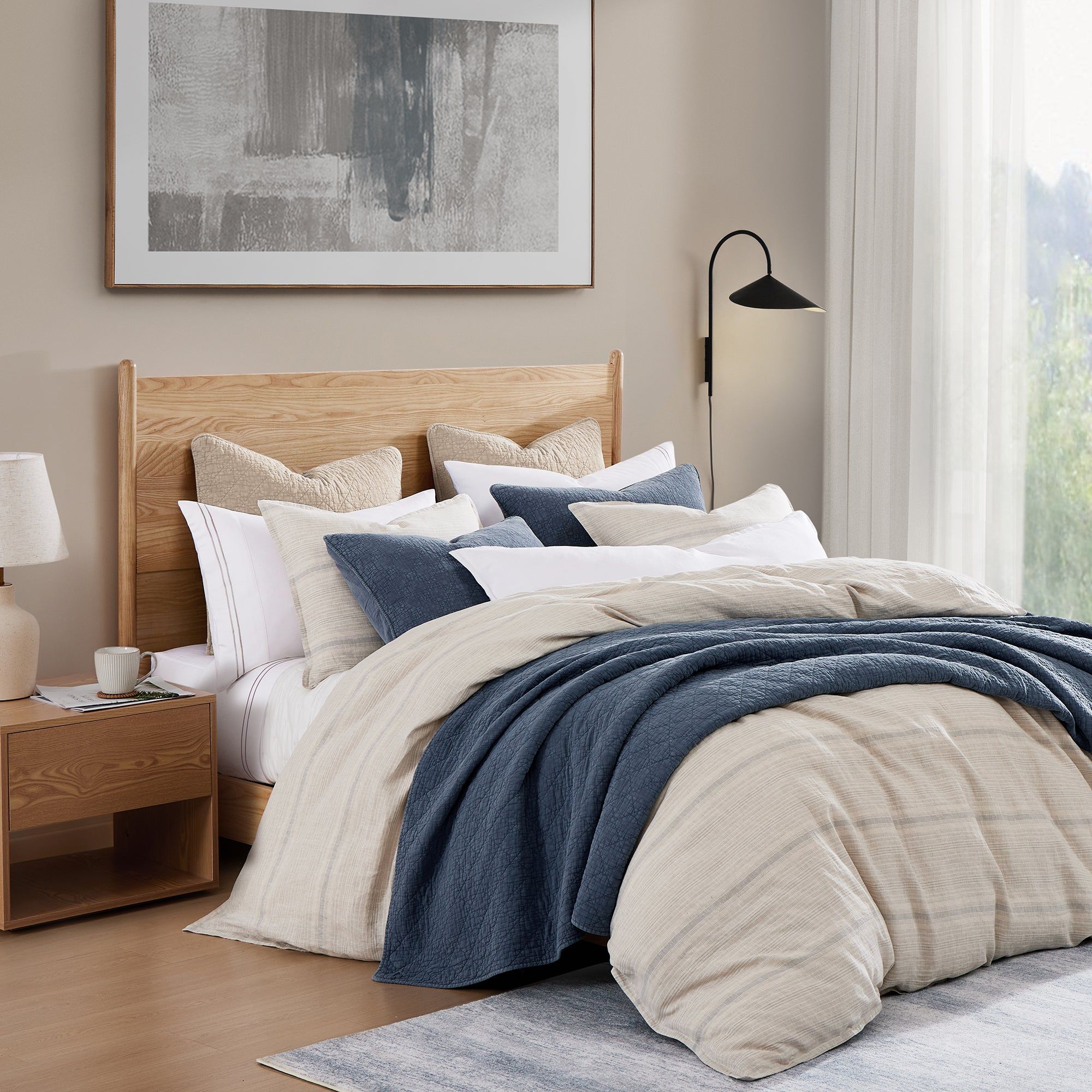 100% French Flax Linen - Queen Variegated Stripe Duvet Cover Set (Set of 3) - Natural / Light Blue