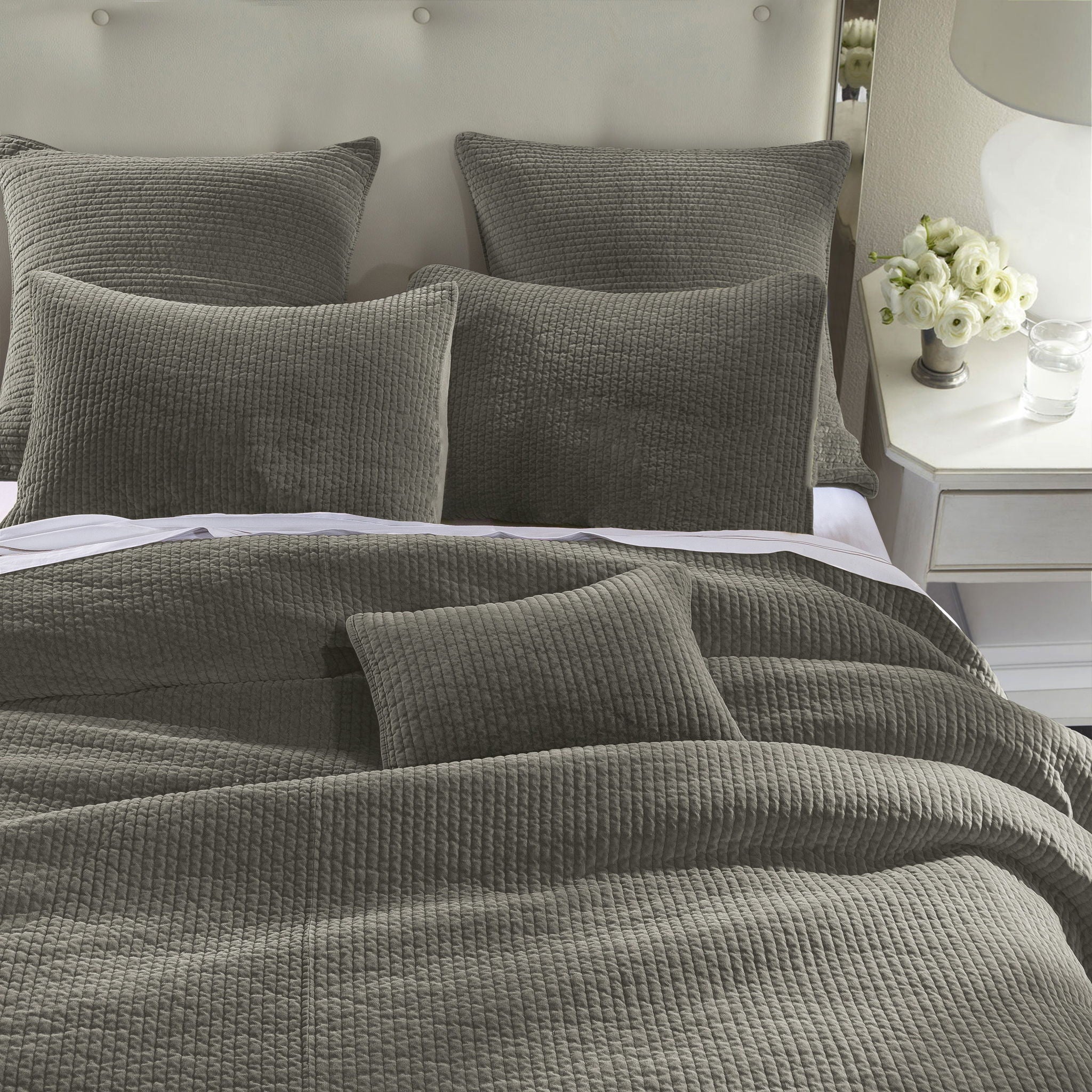 Stonewashed Cotton Velvet - King Quilt Set (Set of 3) - Gray
