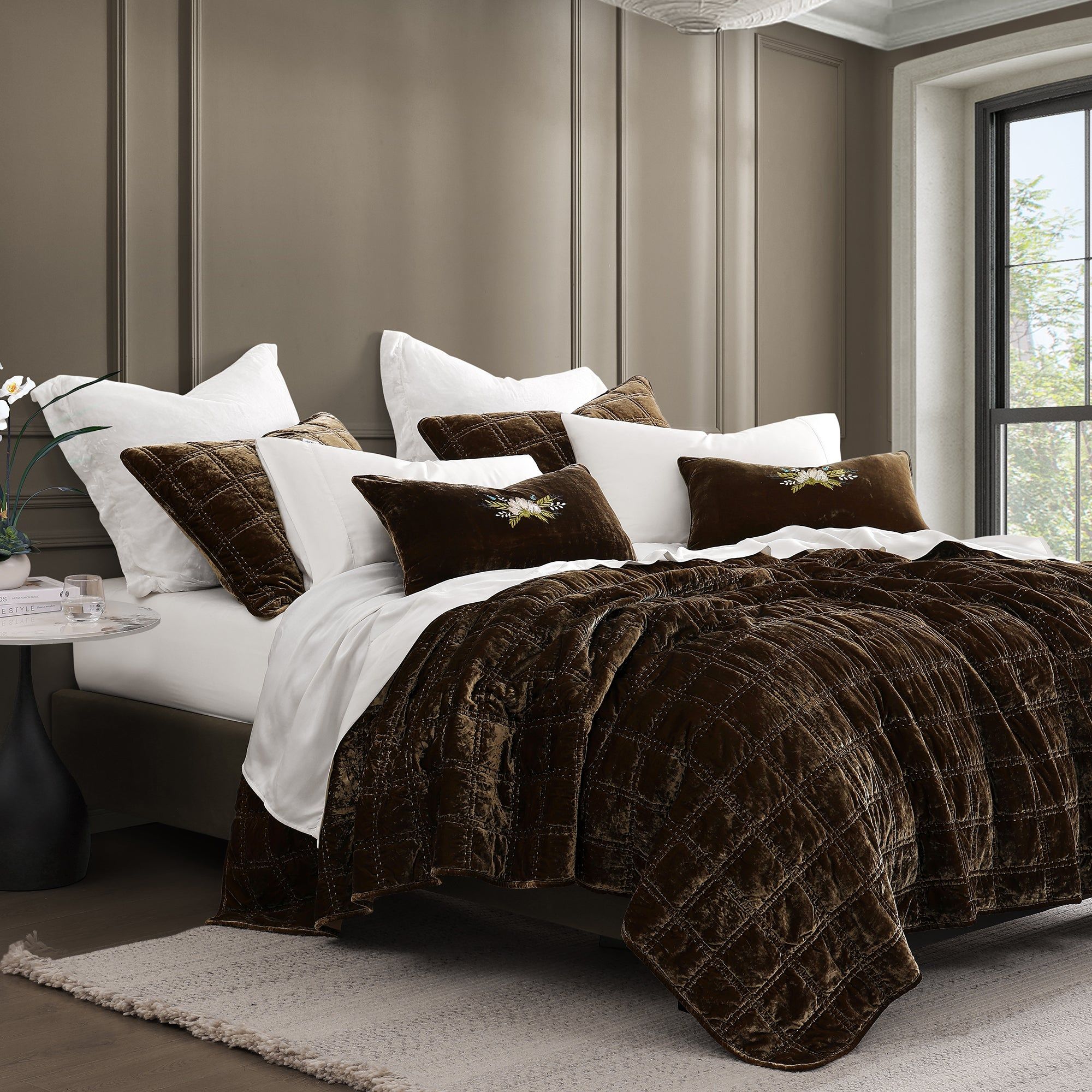 Stella - King Faux Silk Velvet Double Box Stitch Quilt Set (Set of 3) - Green Ochre