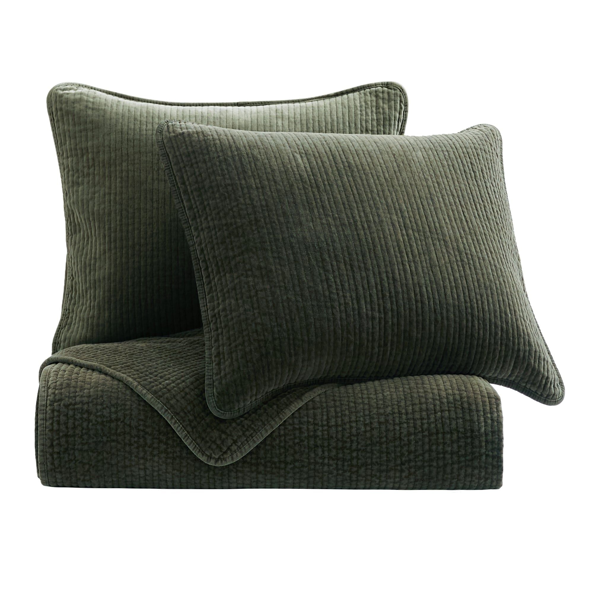 Stonewashed Cotton Velvet - King Quilt Set (Set of 3) - Fern Green