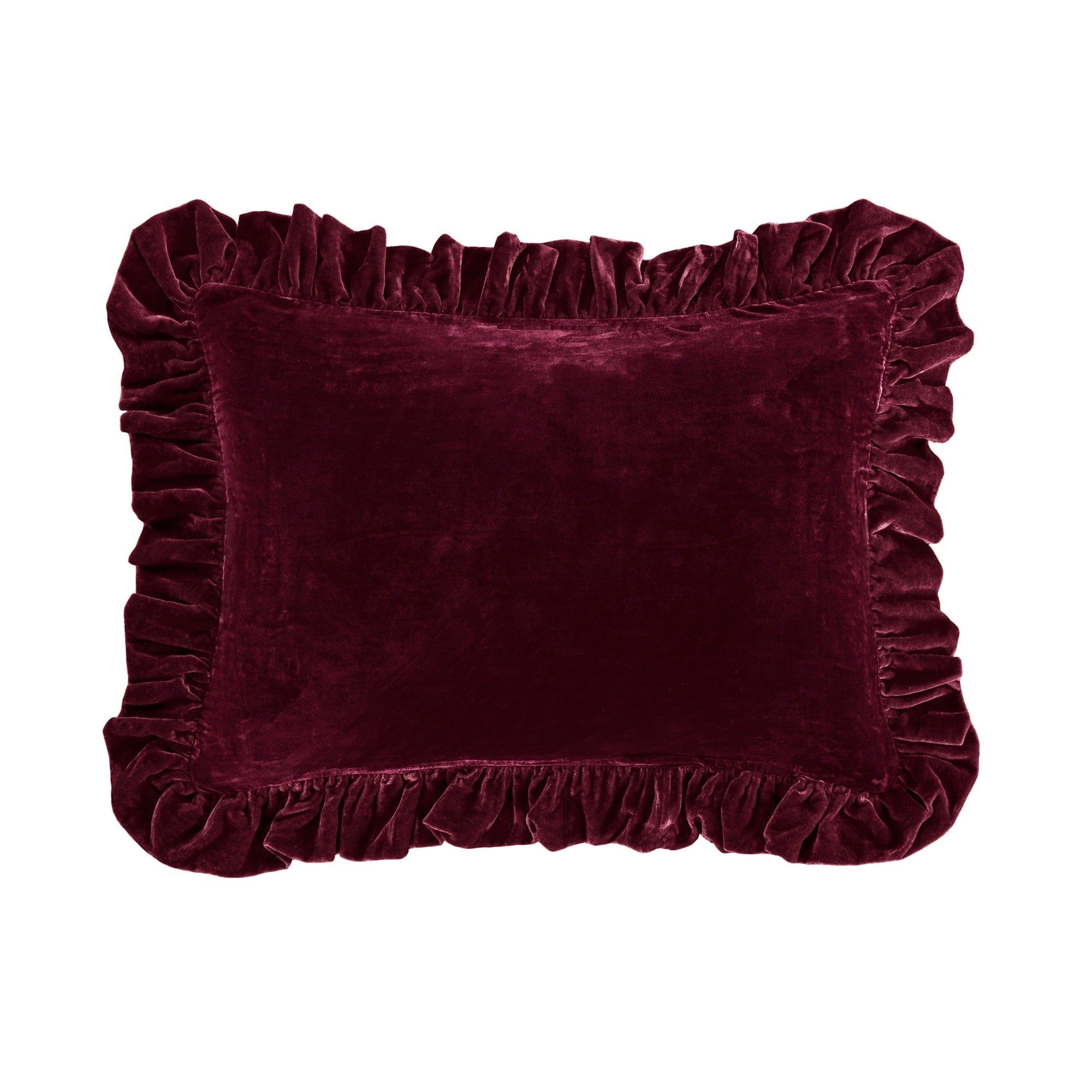 Stella - Faux Silk Velvet Ruffled Oblong Pillow - Garnet Red