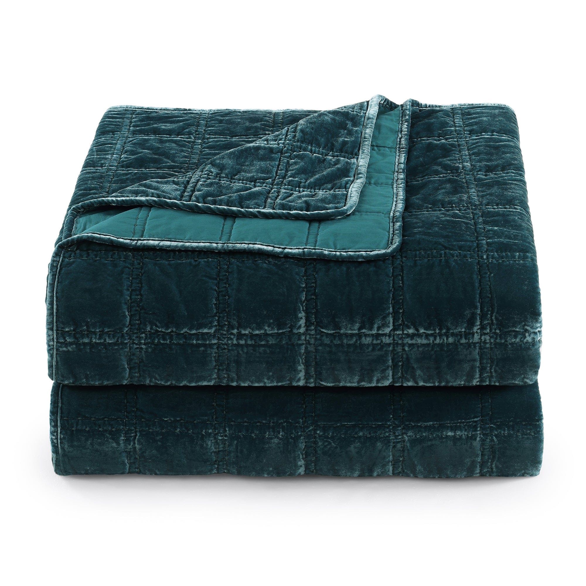 Stella - Full/Queen Faux Silk Velvet Double Box Stitch Quilt Set (Set of 3) - Storm Blue