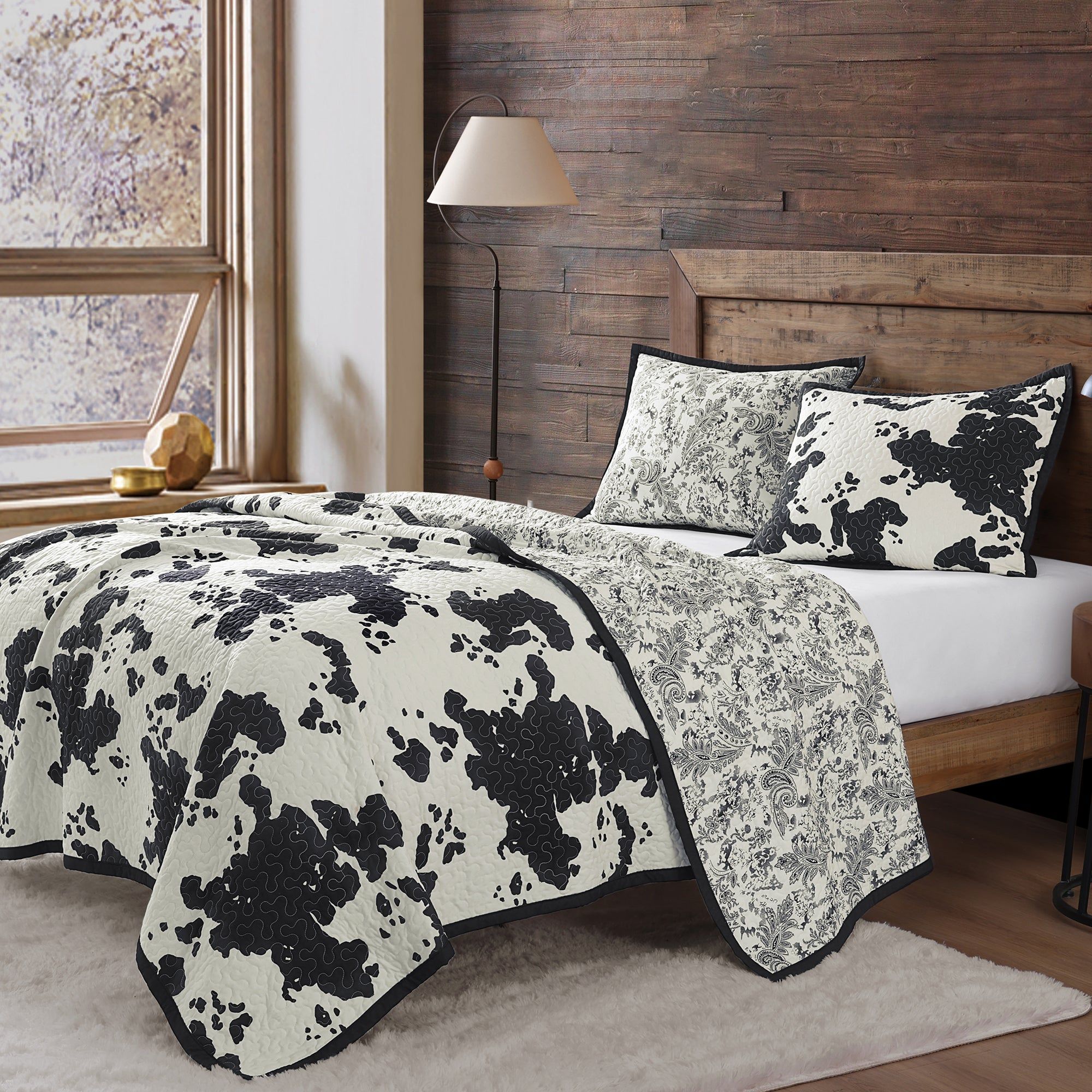 Clara - King Cowhide Reversible Quilt Set (Set of 3) - Black