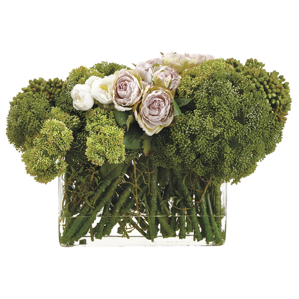 Sedum/Rosa in Glass Vase Green