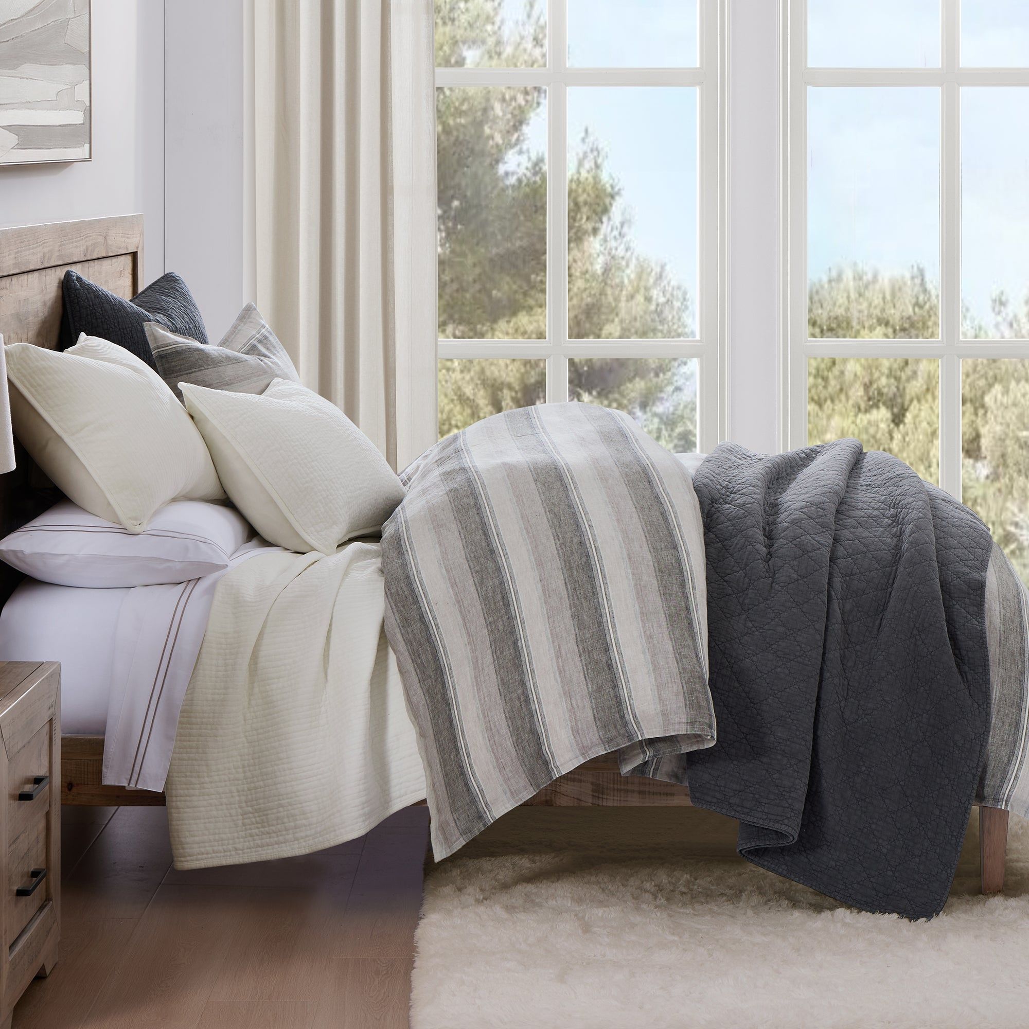 100% French Flax Linen - King Variegated Stripe Duvet Cover Set (Set of 3) - Charcoal