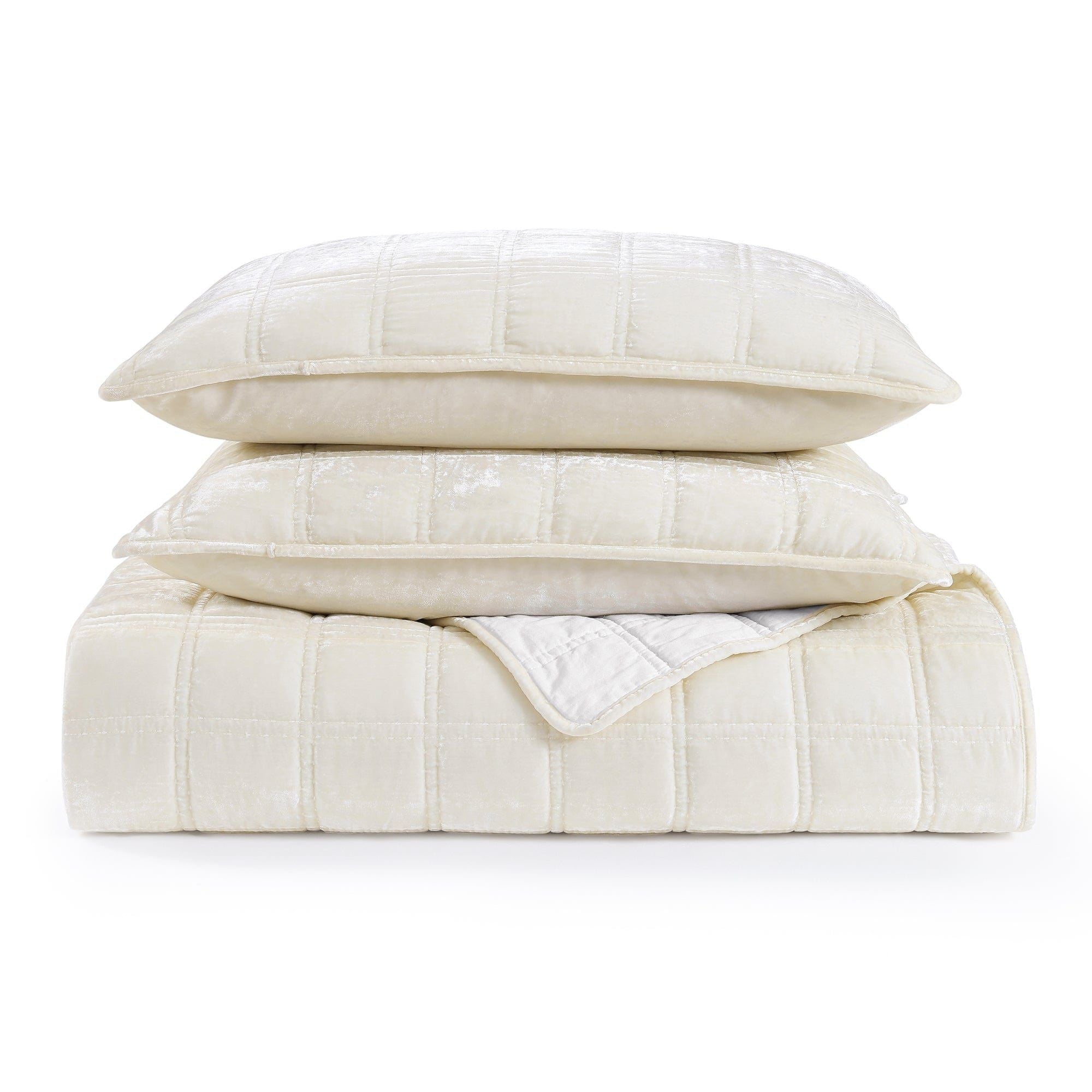 Stella - King Faux Silk Velvet Double Box Stitch Quilt Set (Set of 3) - Stone