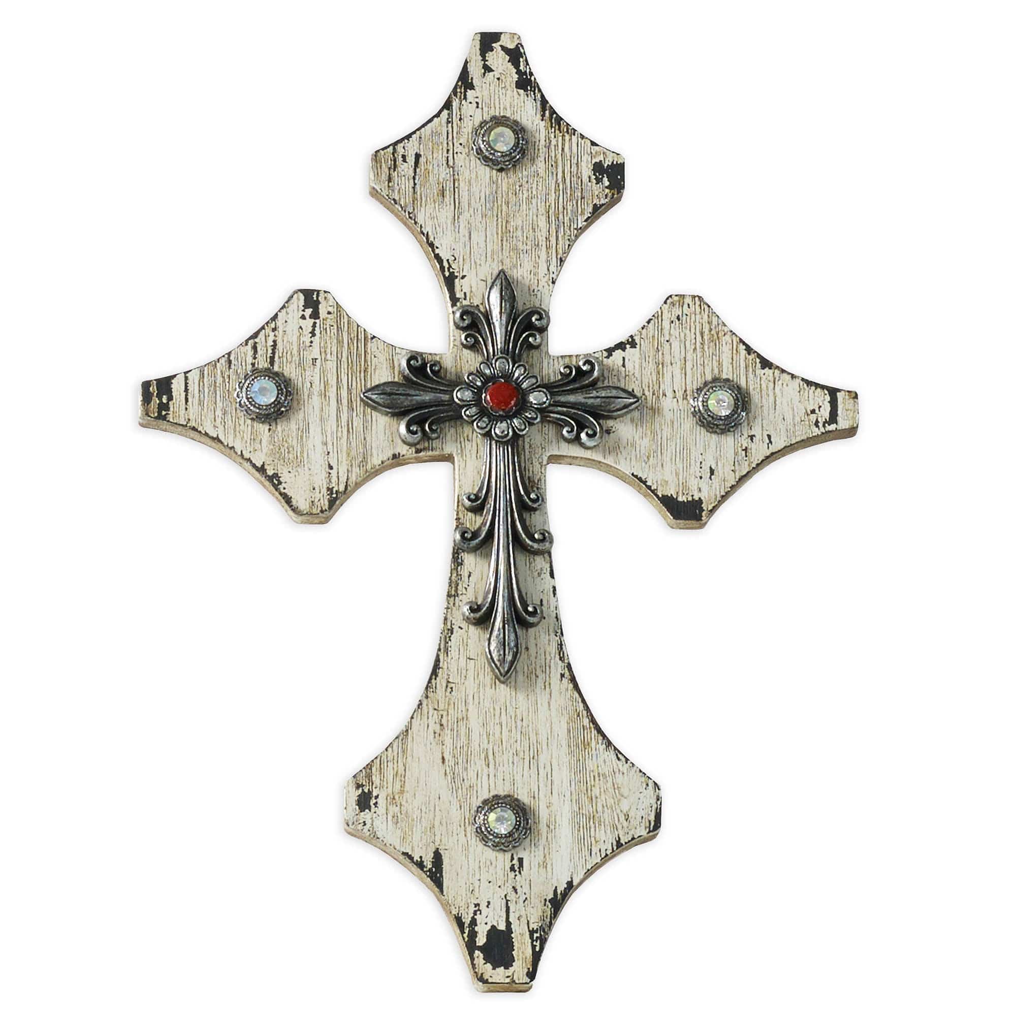 Cross - 15" x 11" Distressed Wooden Cross Wall Décor With Silver Accent 4 Per Carton - Cream