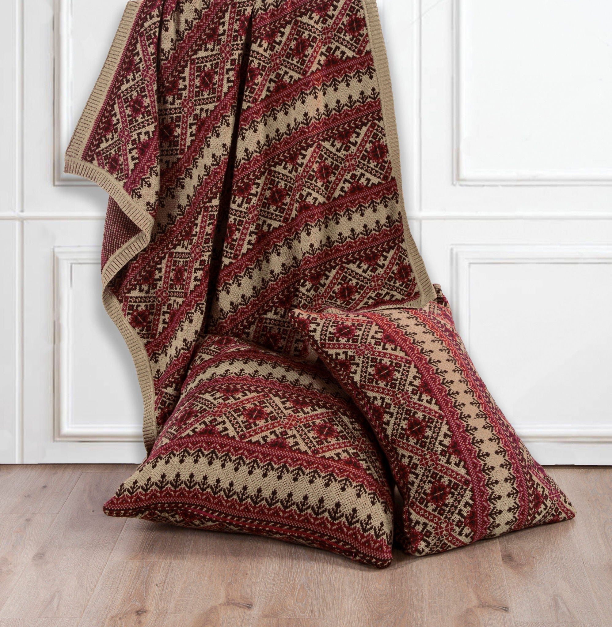 Fair Isle - Rustic Red Knit Body Pillow - Brown / Red