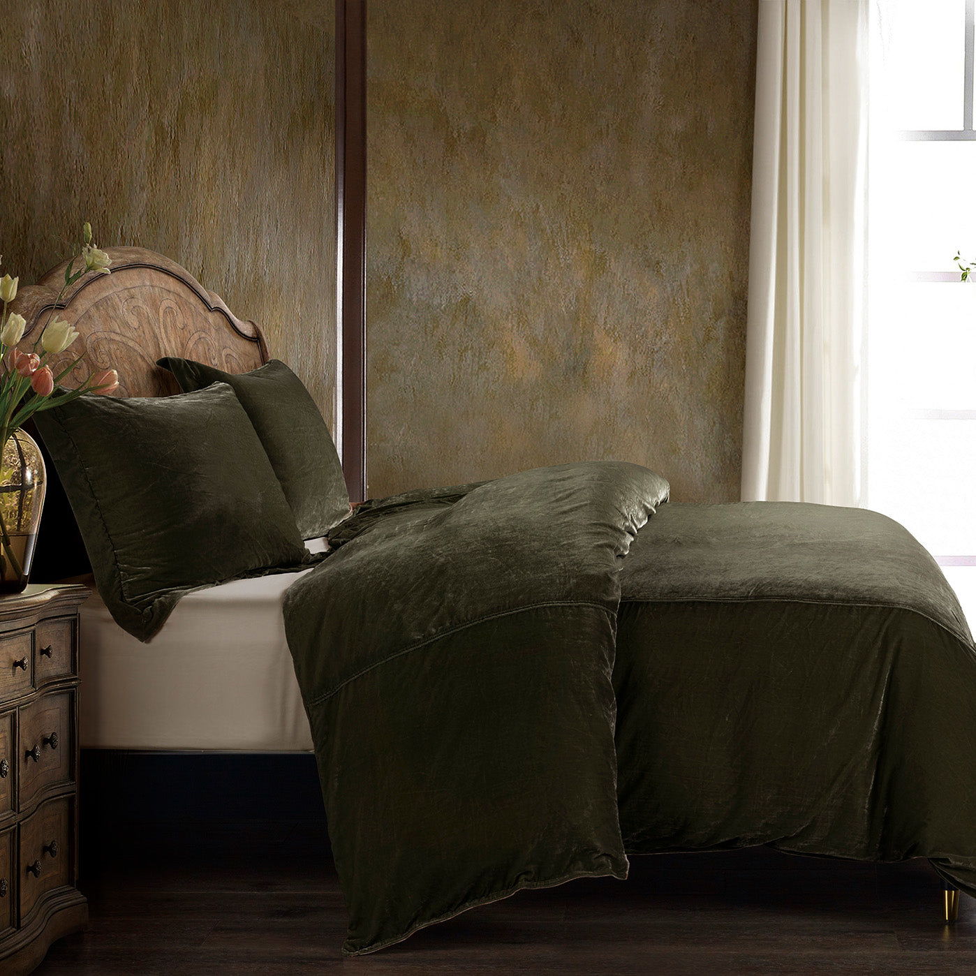 Stella - Queen Faux Silk Velvet Duvet Cover Set (Set of 3) - Fern Green