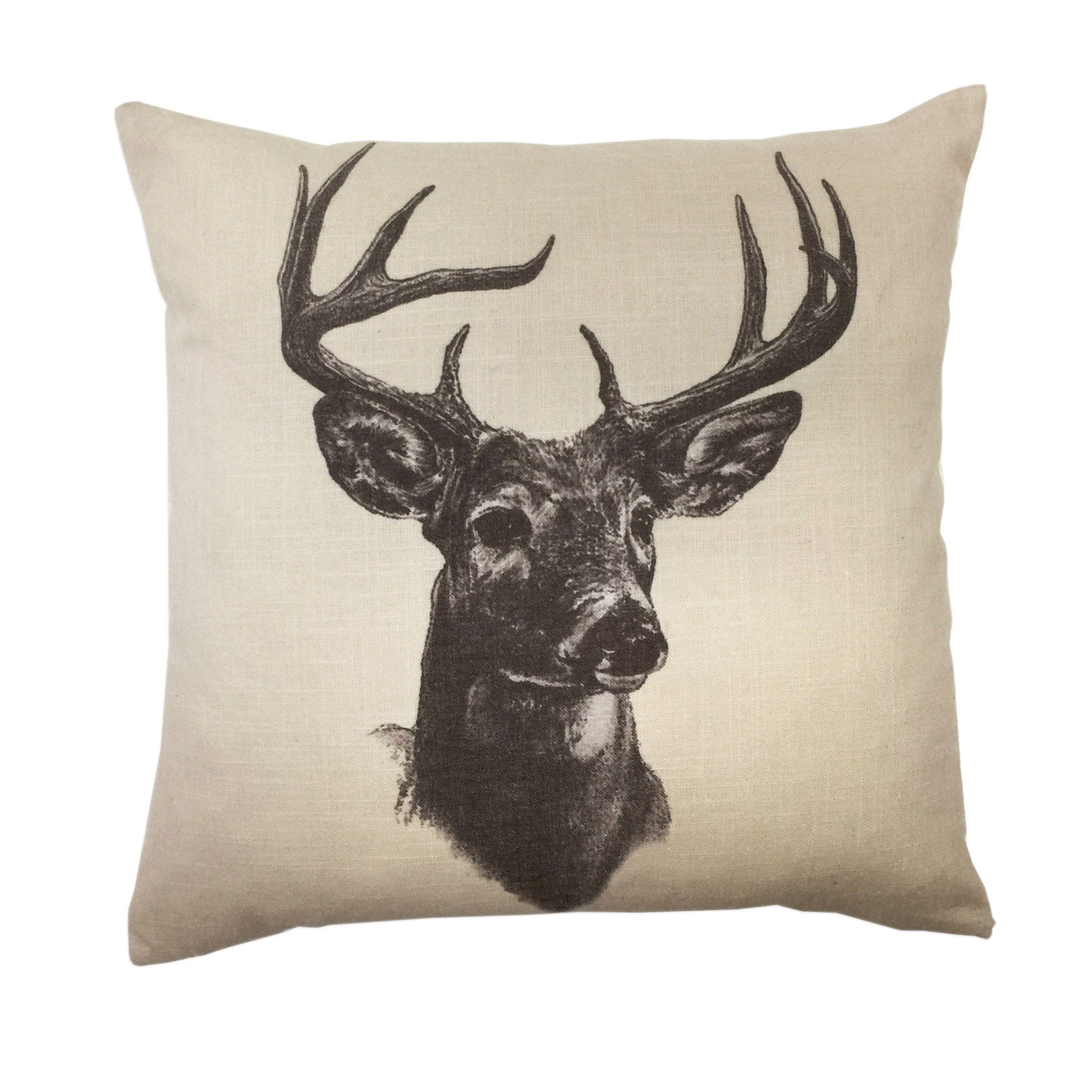 Linen - Whitetail Deer Linen Print Throw Pillow - Cream / Brown