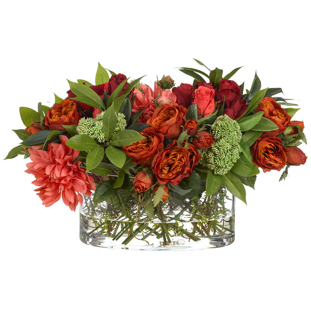 Rose/Dahlia In Oval Glass Vase Red Green