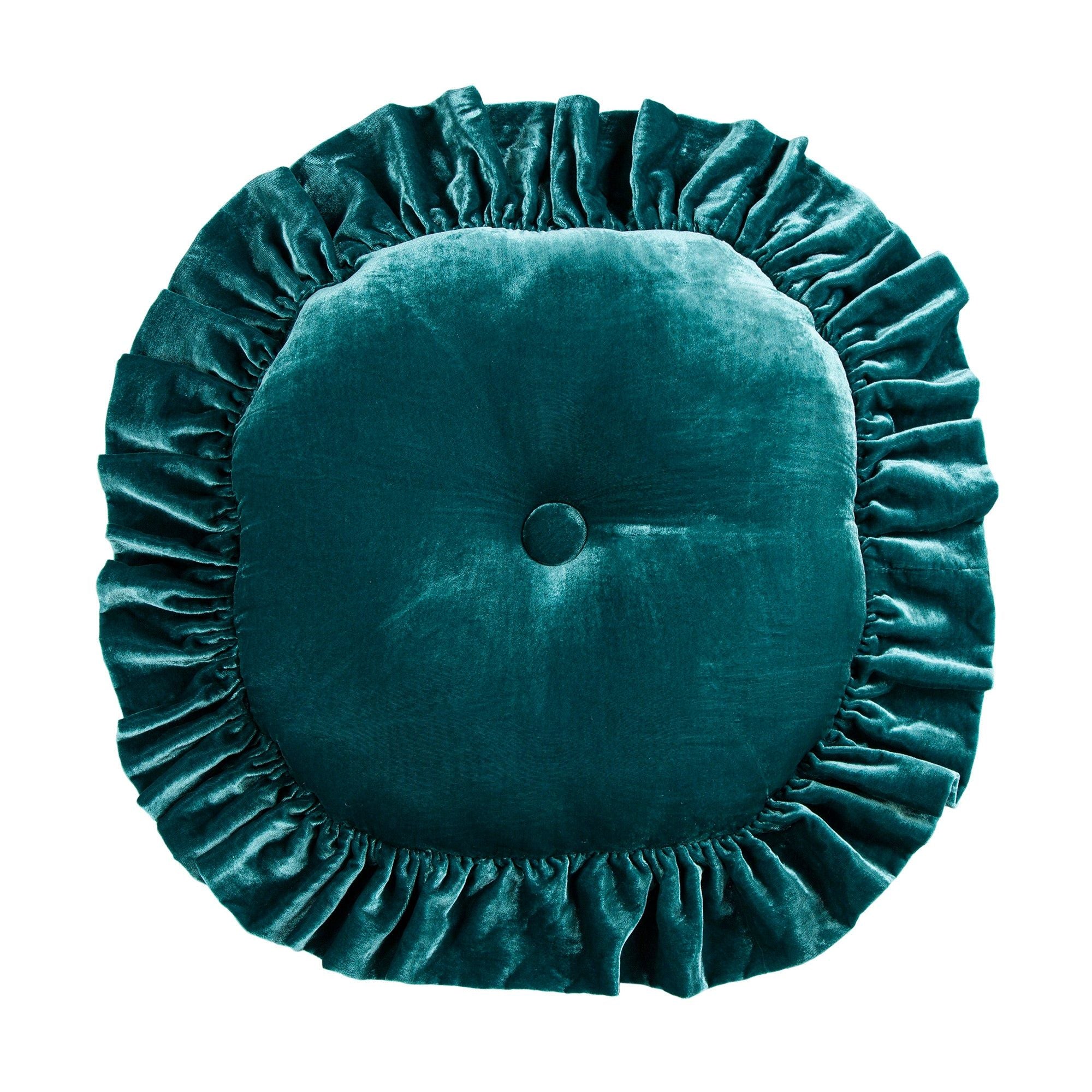 Stella - Faux Silk Velvet Ruffled Round Pillow - Teal