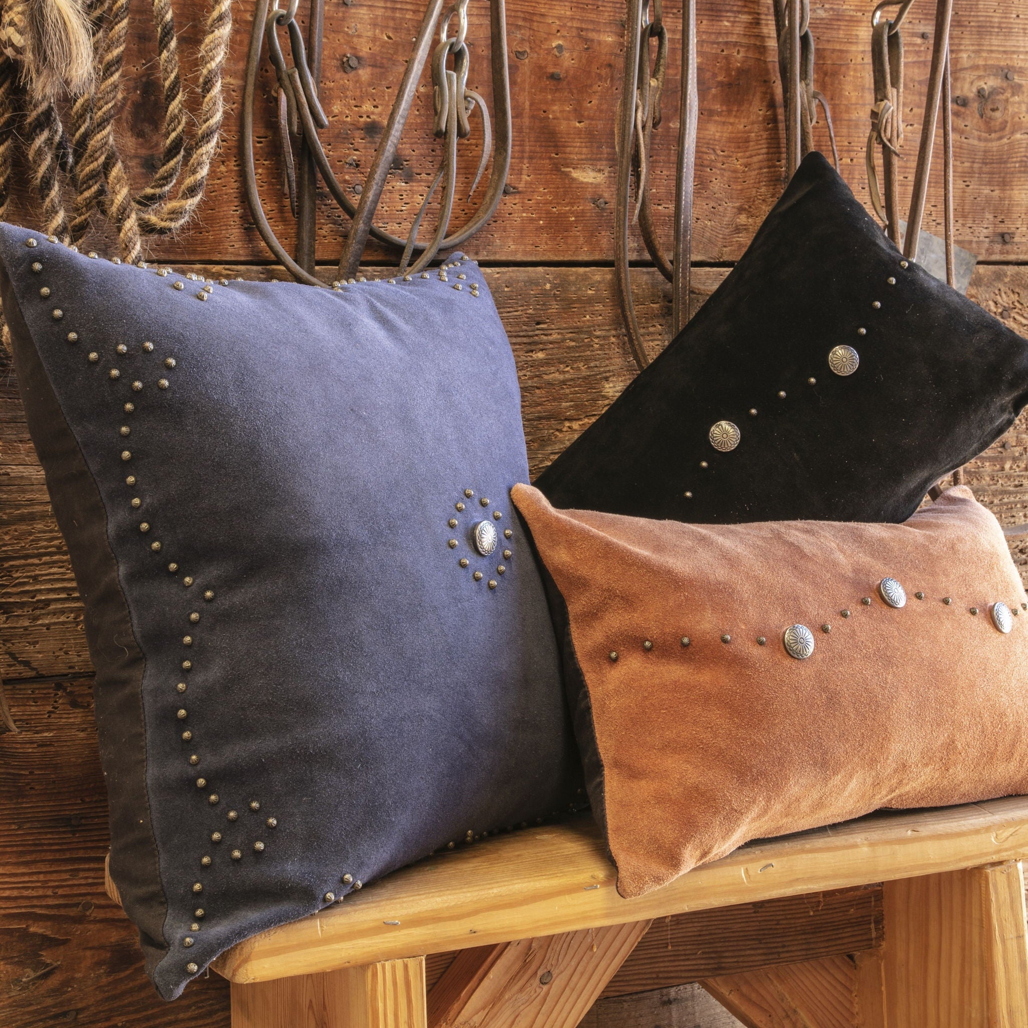 Western Suede Pillow - Western Suede Antique Silver Concho & Studded Lumbar Pillow - Gray