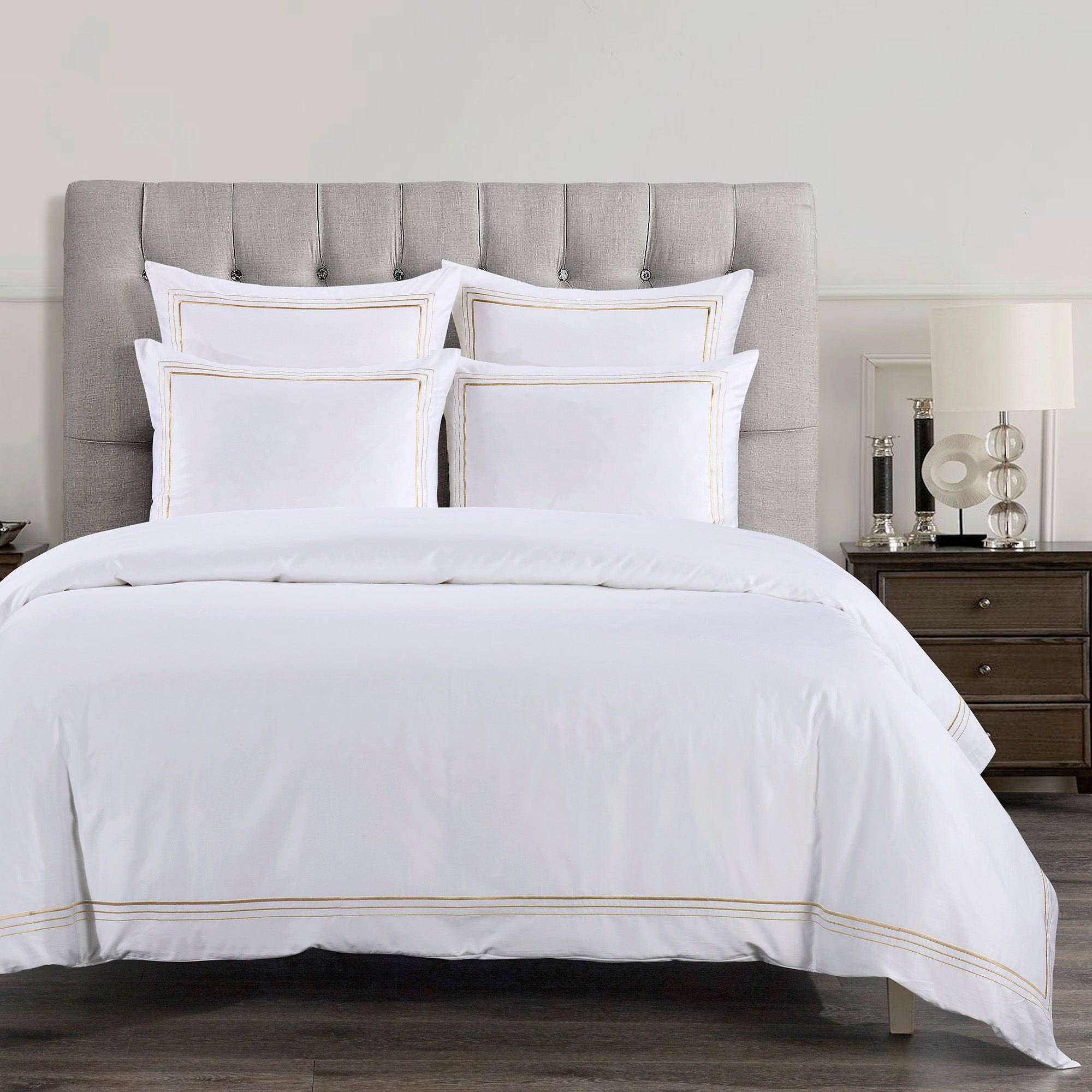 Border Embroidery - Queen Duvet Cover Set (Set of 3) - Light Gold / White