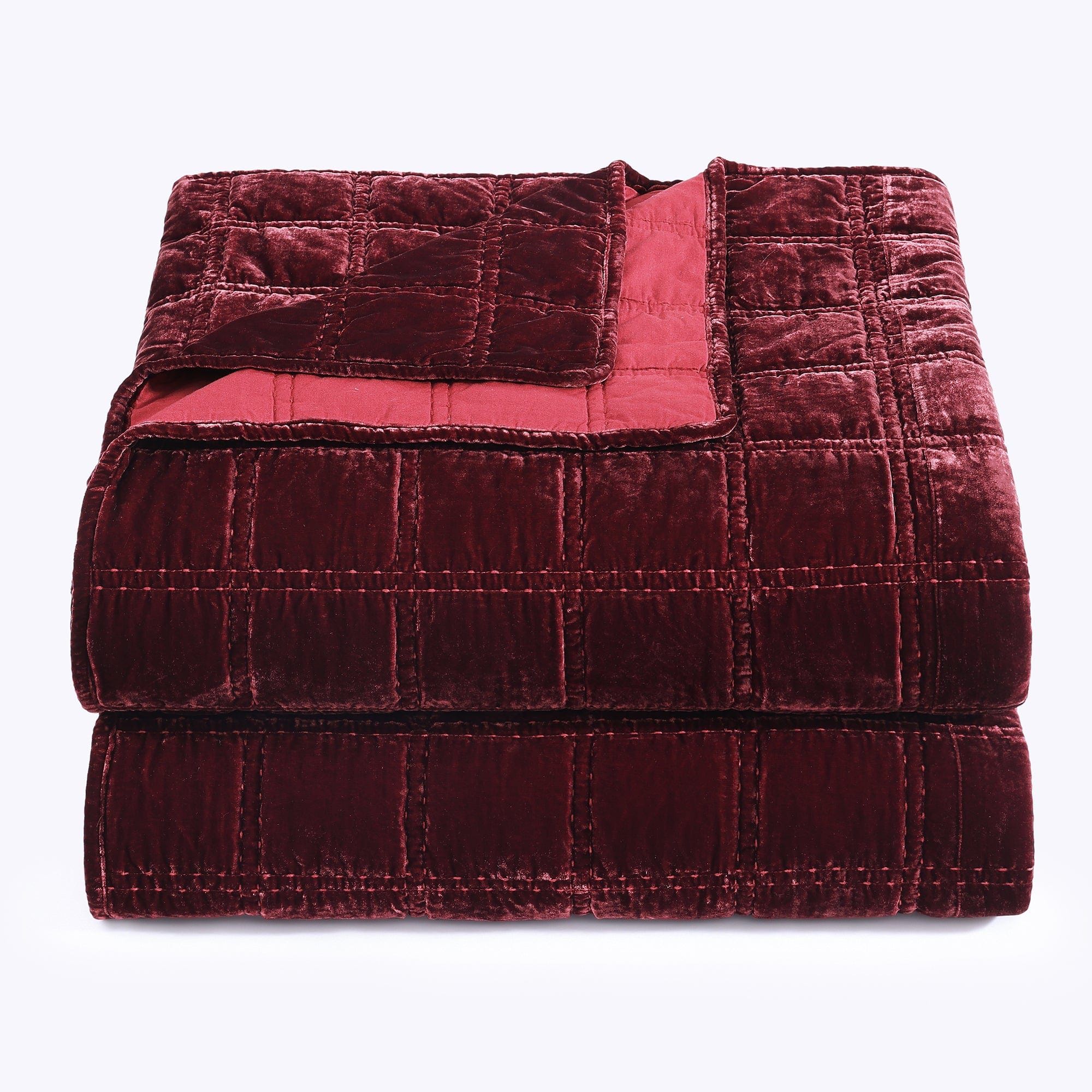 Stella - King Faux Silk Velvet Double Box Stitch Quilt Set (Set of 3) - Garnet Red