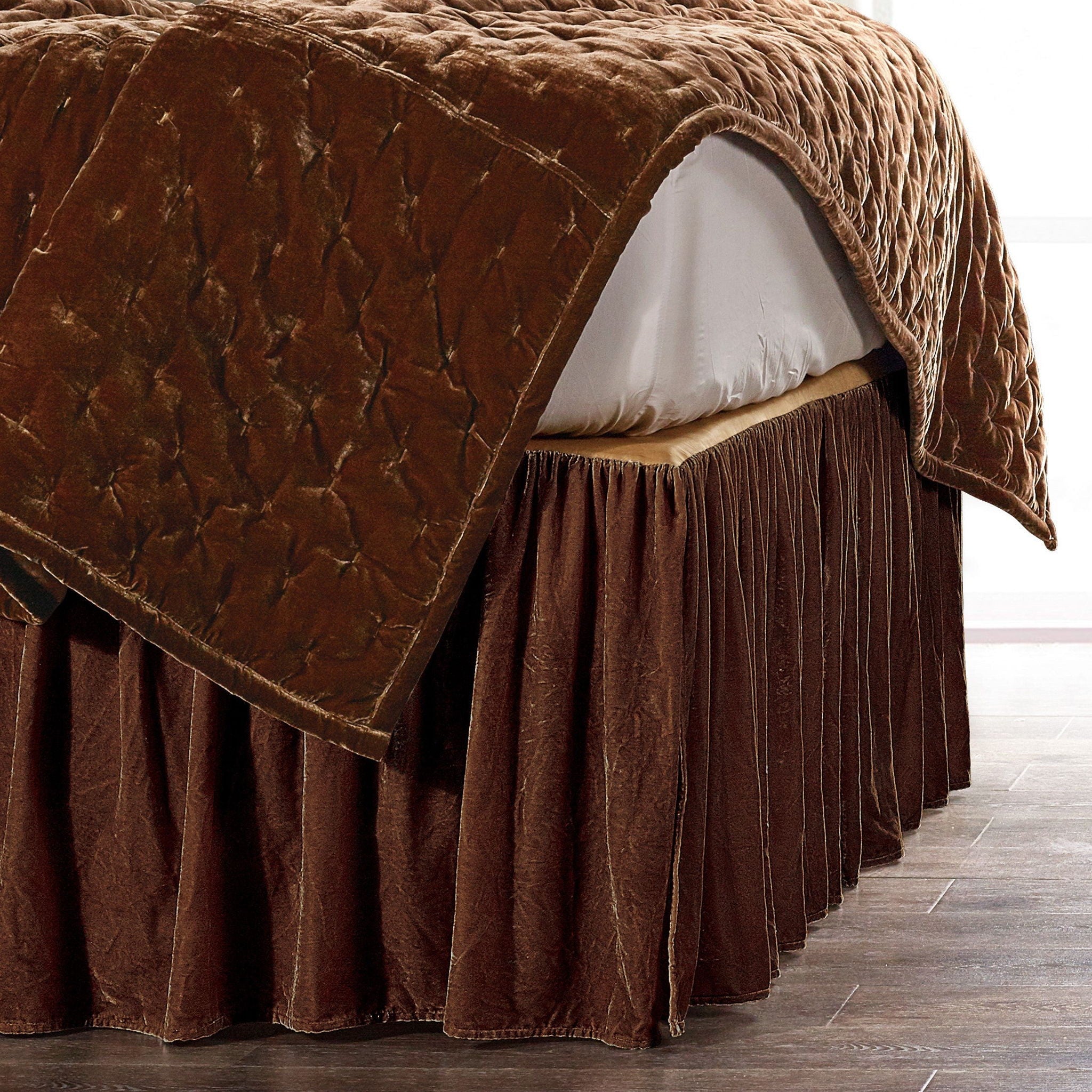 Stella - Queen Faux Silk Velvet Bed Skirt - Copper Brown