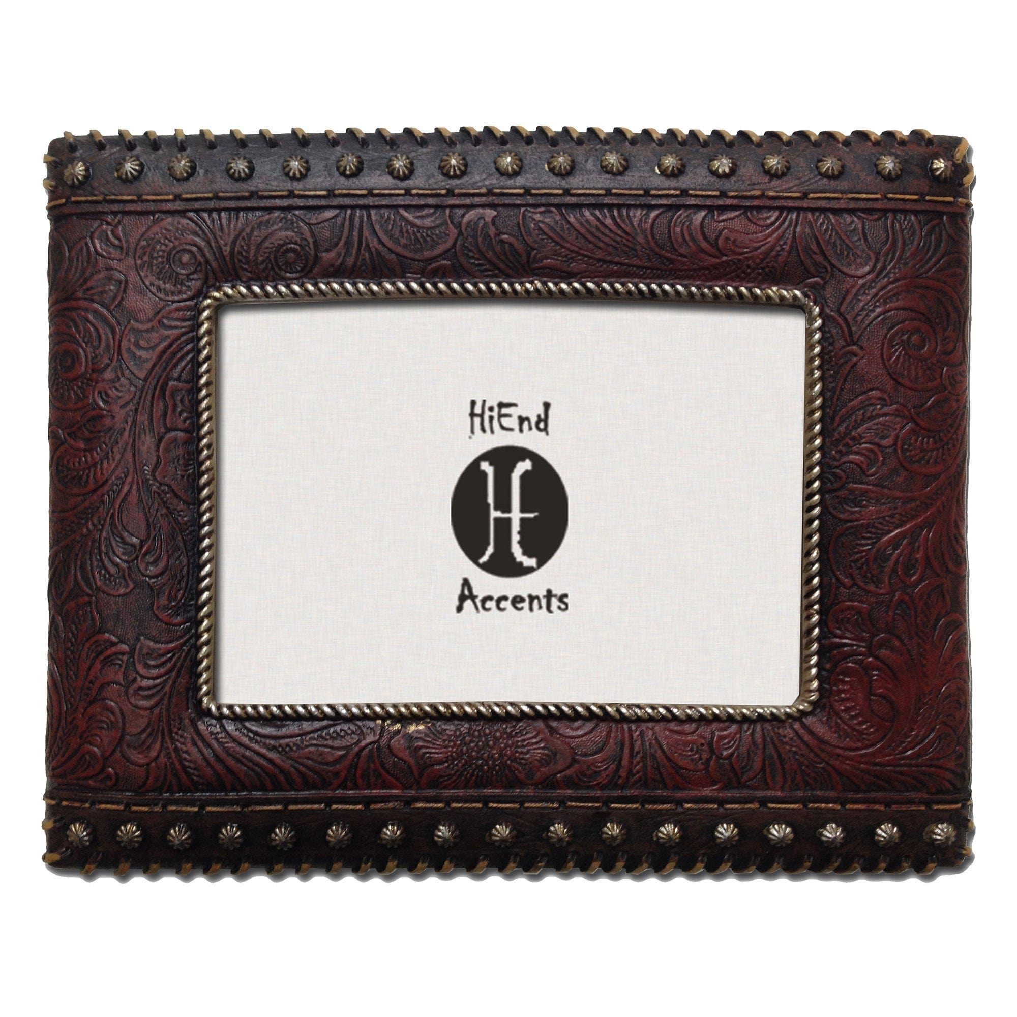 Picture Frame - 4" x 6" Tooled Leather & Studded Sides Picture Frame 4 Per Carton - Dark Brown