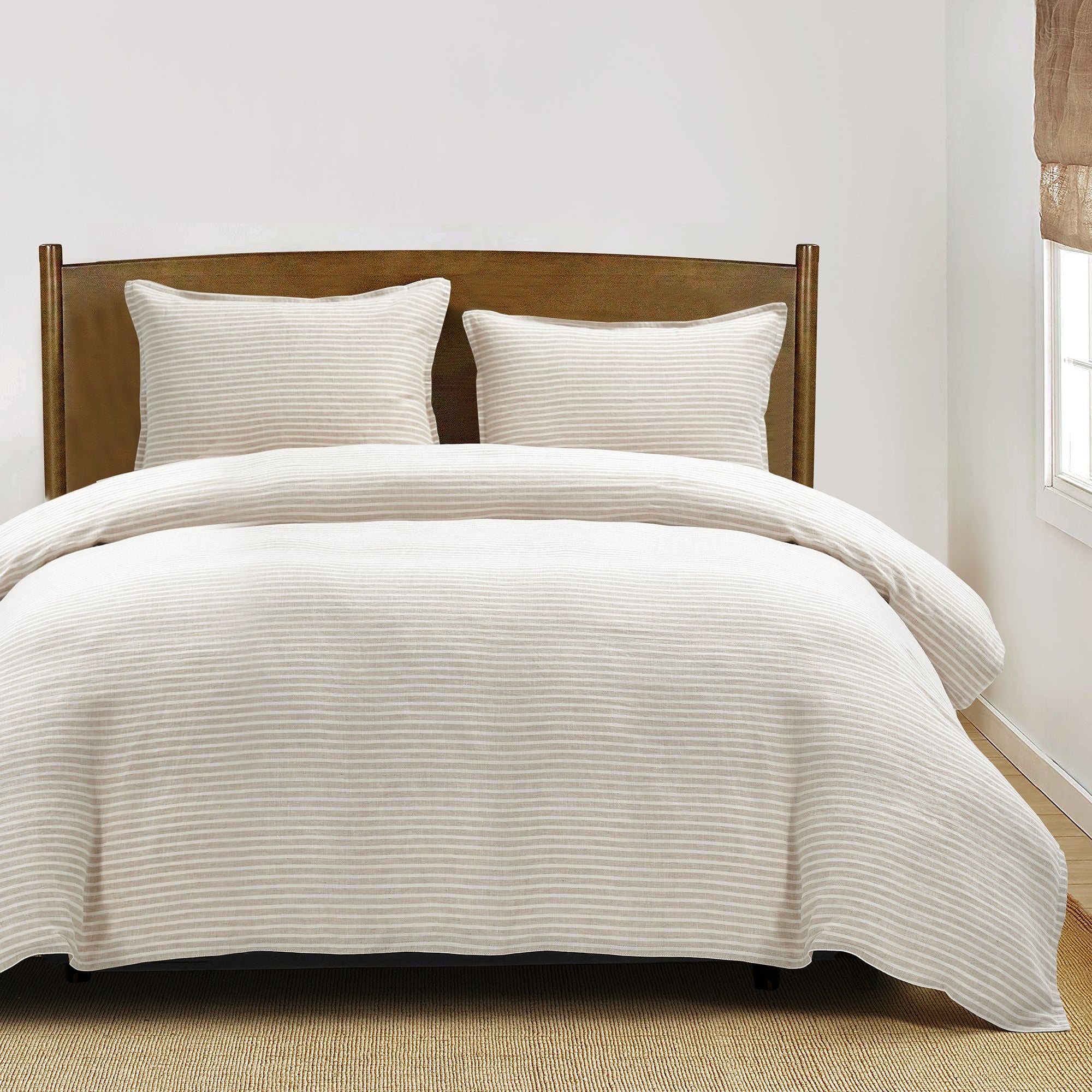 100% French Flax Linen - Queen Railroad Stripe Duvet Cover Set (Set of 3) - Natural