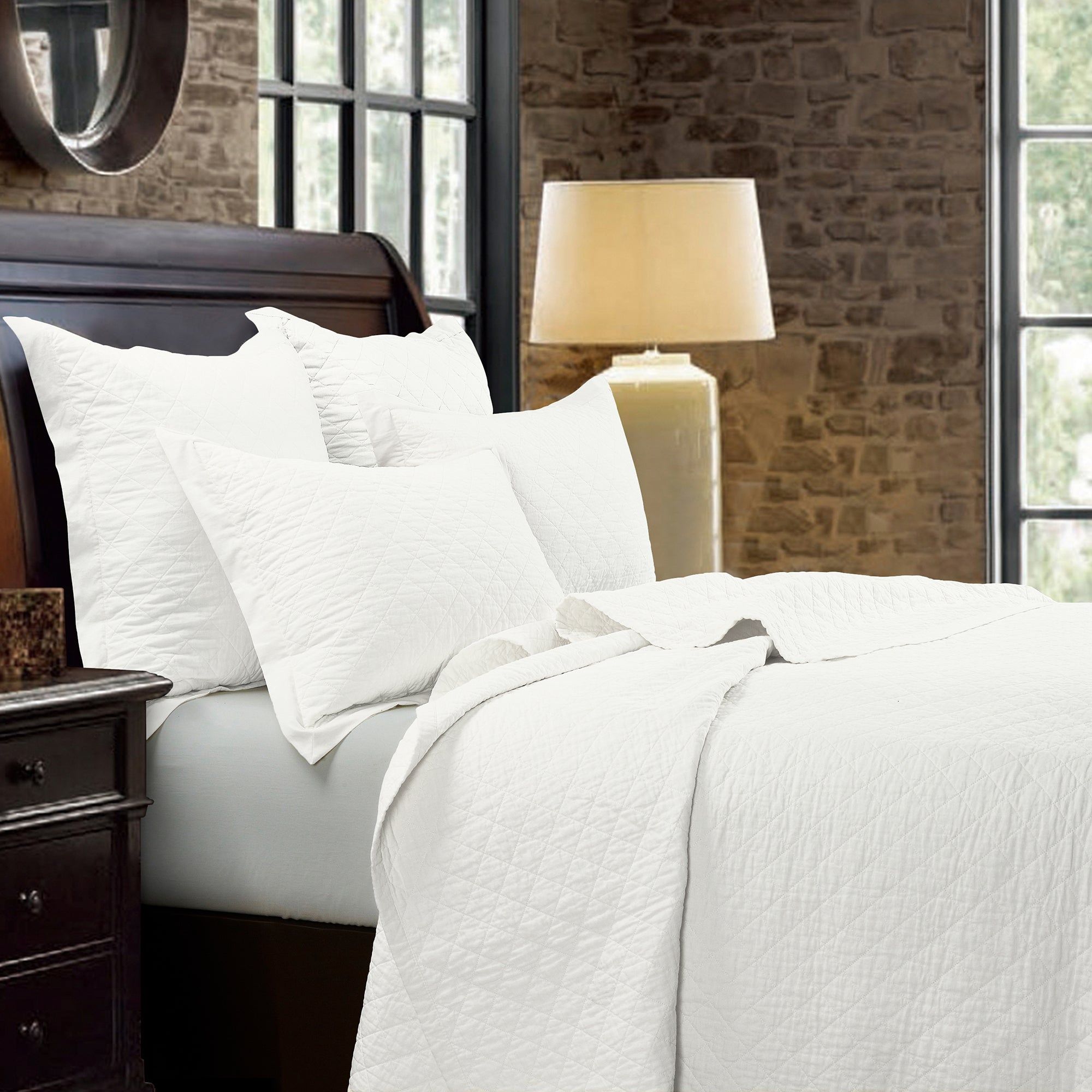 Diamond Linen - King Linen Cotton Diamond Quilt Set (Set of 3) - Vintage White