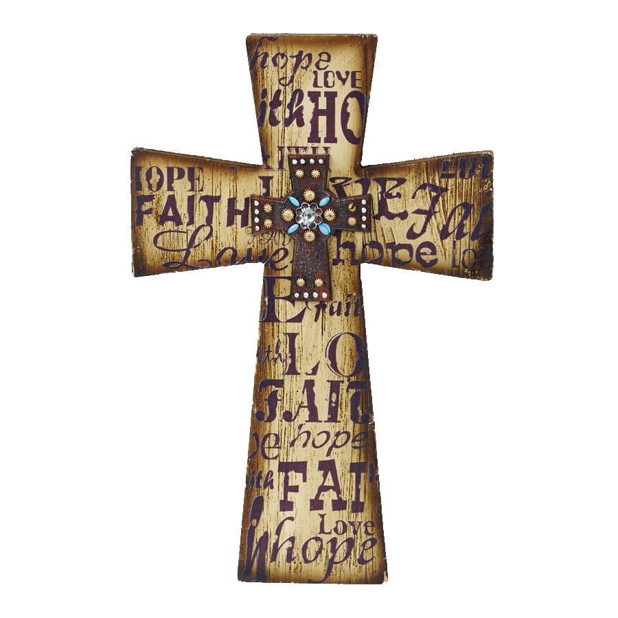 Cross - 15" x 10" Layered Cross Faith, Love, Hope Wall Décor 4 Per Carton - Cream / Brown