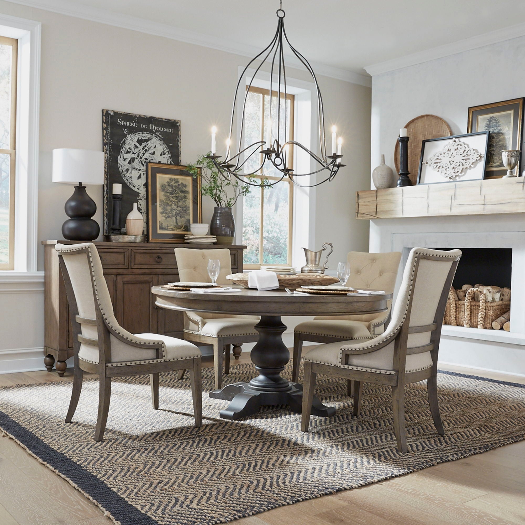 Americana Farmhouse - 5 Piece Pedestal Table Set (Upholstered Shelter Side Chairs) - Dusty Taupe