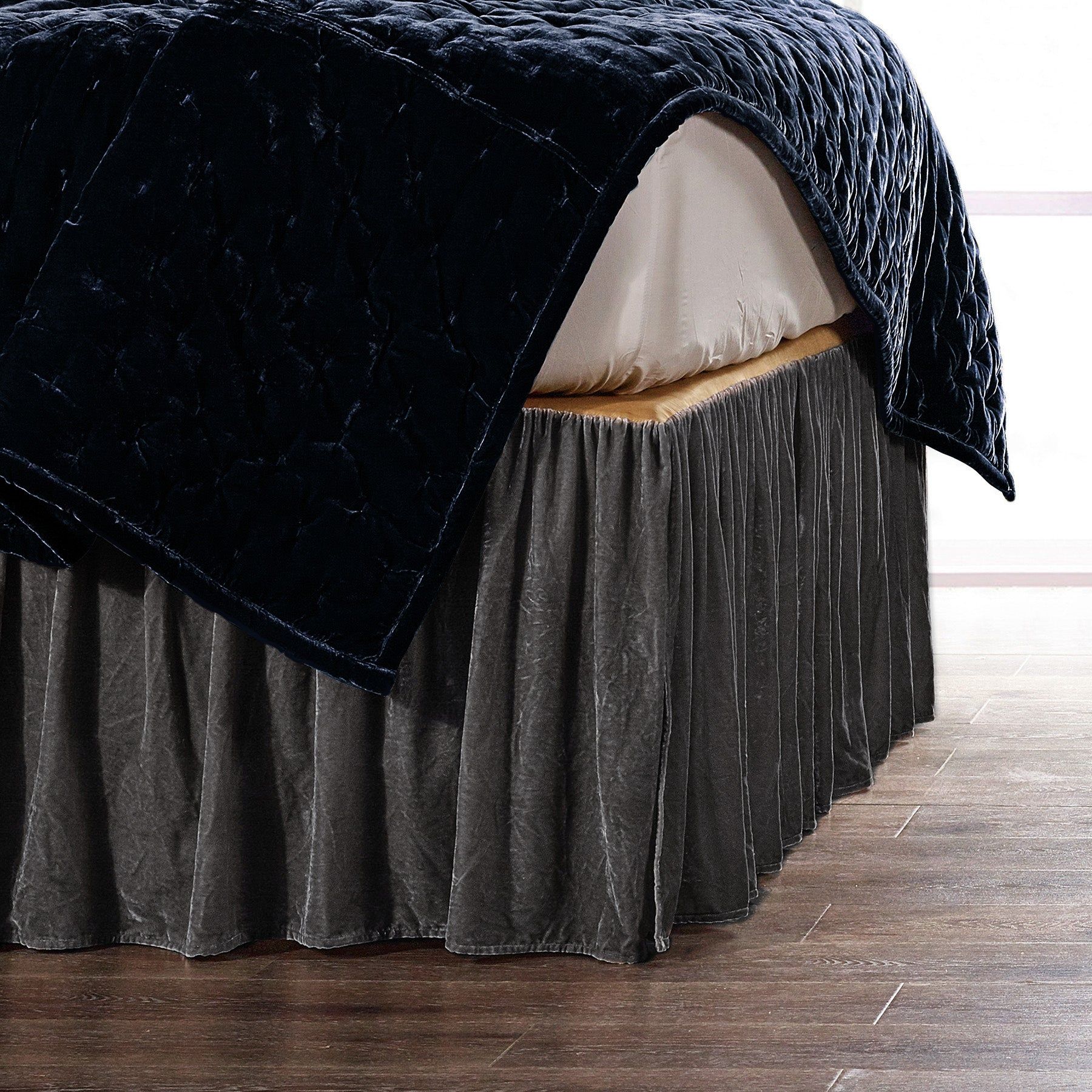 Stella - Queen Faux Silk Velvet Bed Skirt - Dark Slate