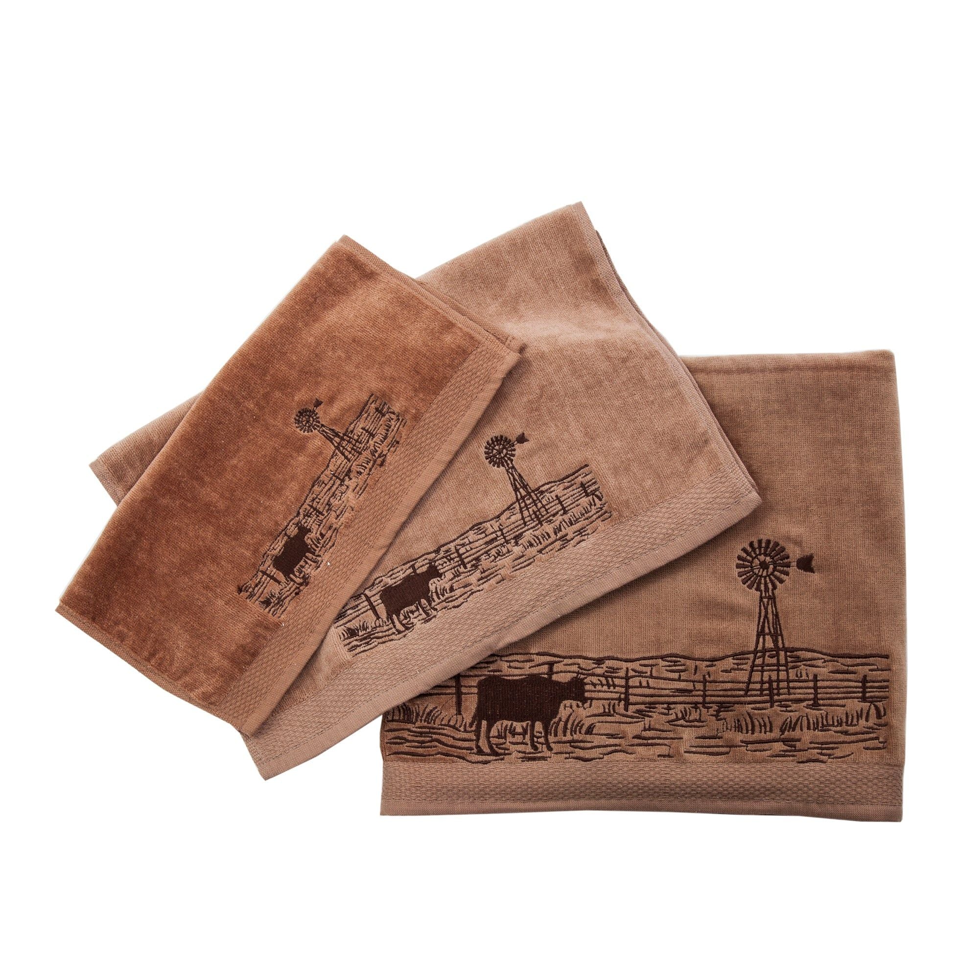 Jasper - Embroidered Windmill Landscape Towel Set (Set of 3), 2 Per Carton - Mocha