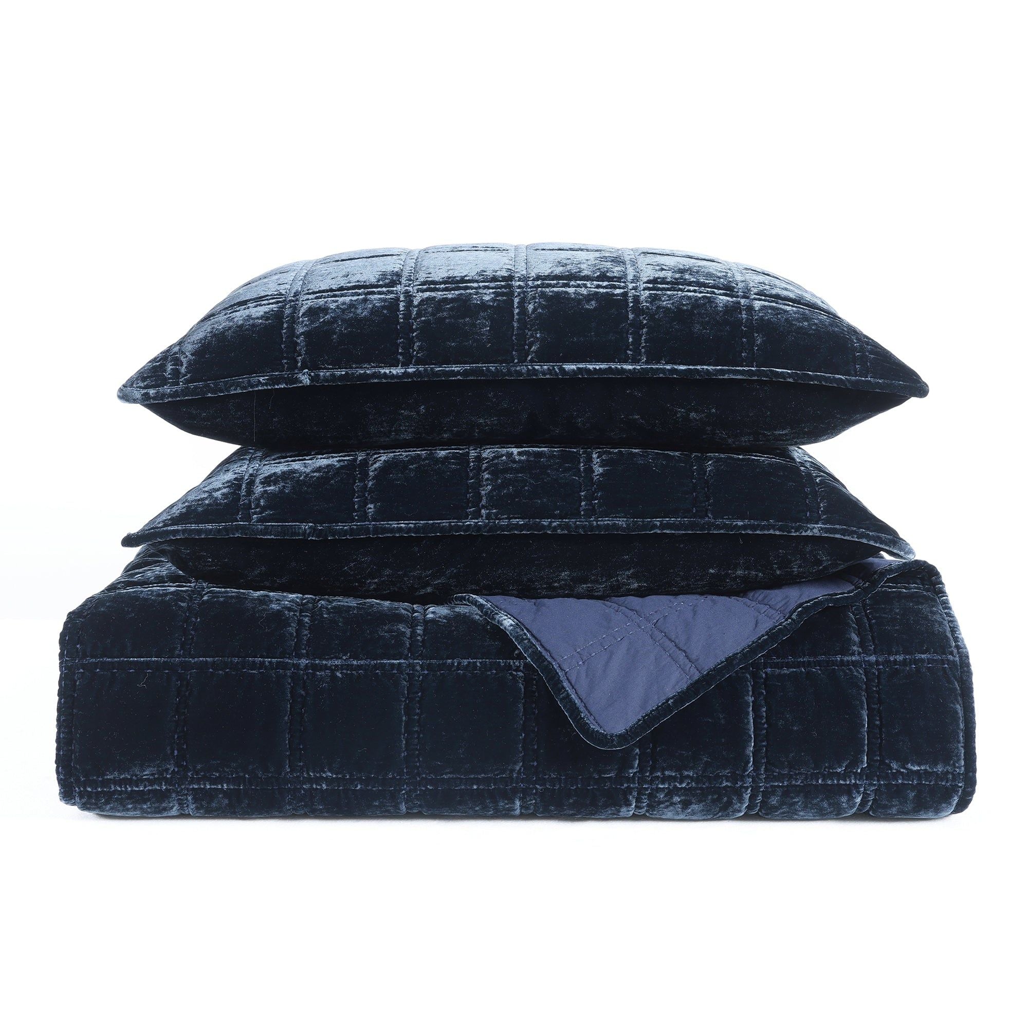 Stella - King Faux Silk Velvet Double Box Stitch Quilt Set (Set of 3) - Midnight Blue