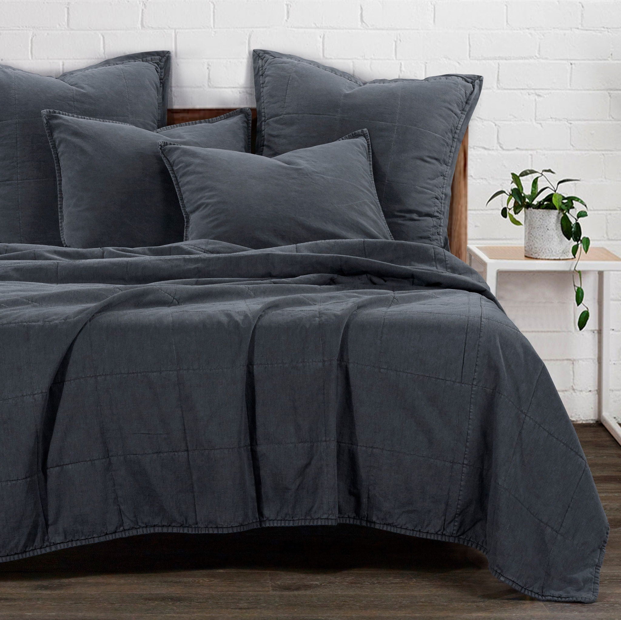 Cotton Canvas - King Stonewashed Coverlet Set (Set of 3) - Charcoal