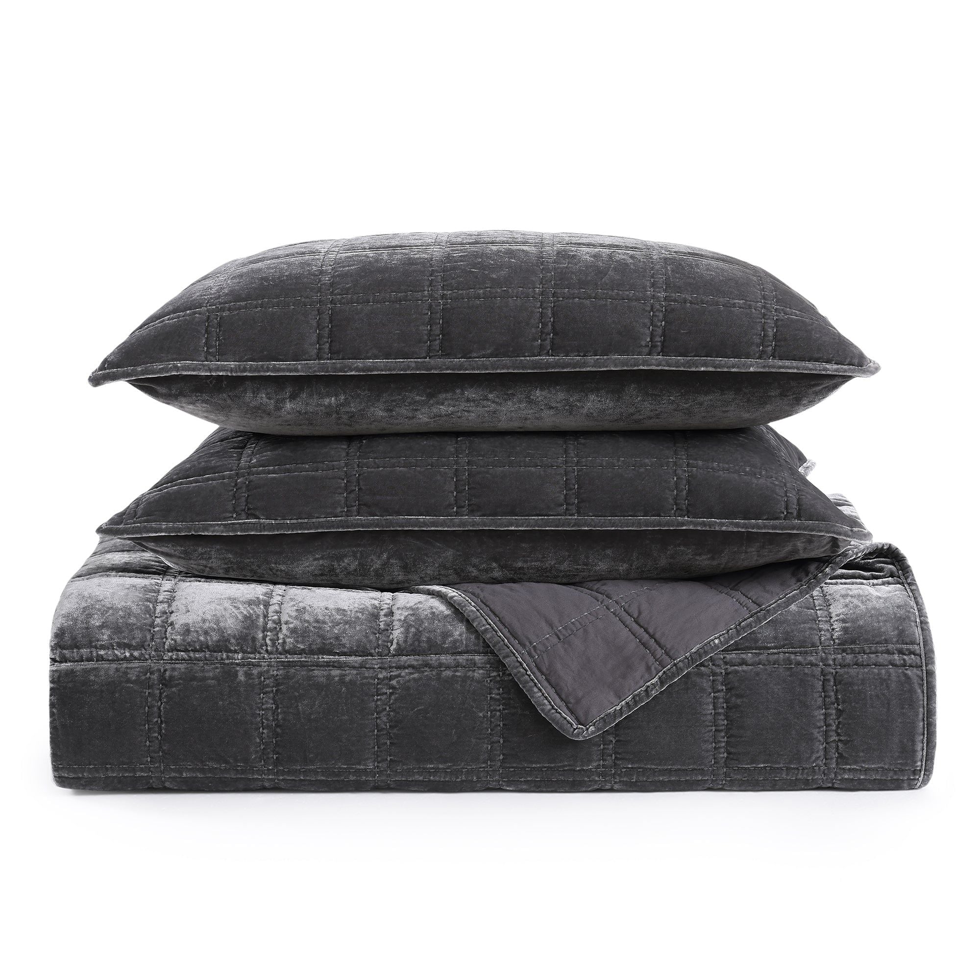 Stella - Full/Queen Faux Silk Velvet Double Box Stitch Quilt Set (Set of 3) - Slate
