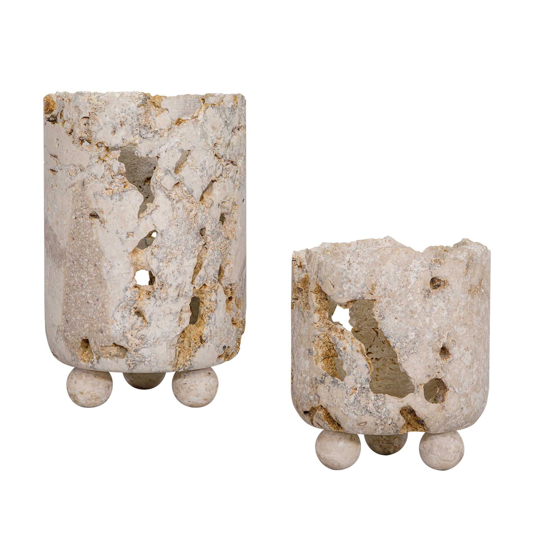Quarried Stone - Indoor-Outdoor Candleholders (Set of 2) - Brown / White
