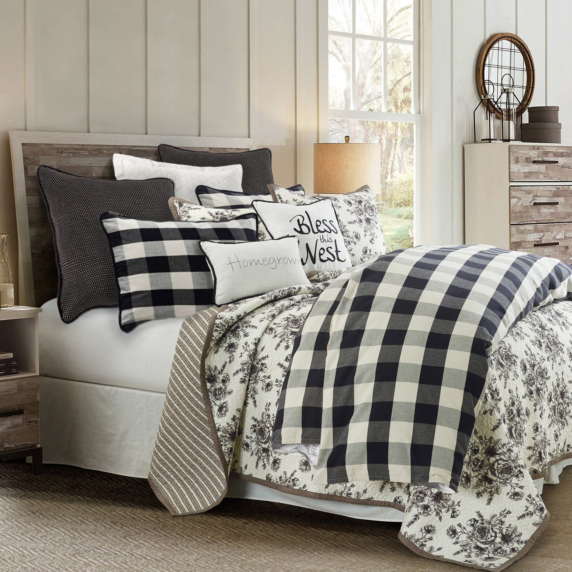 Camille - Queen Buffalo Check Comforter Set (Set of 3) - Black / Natural