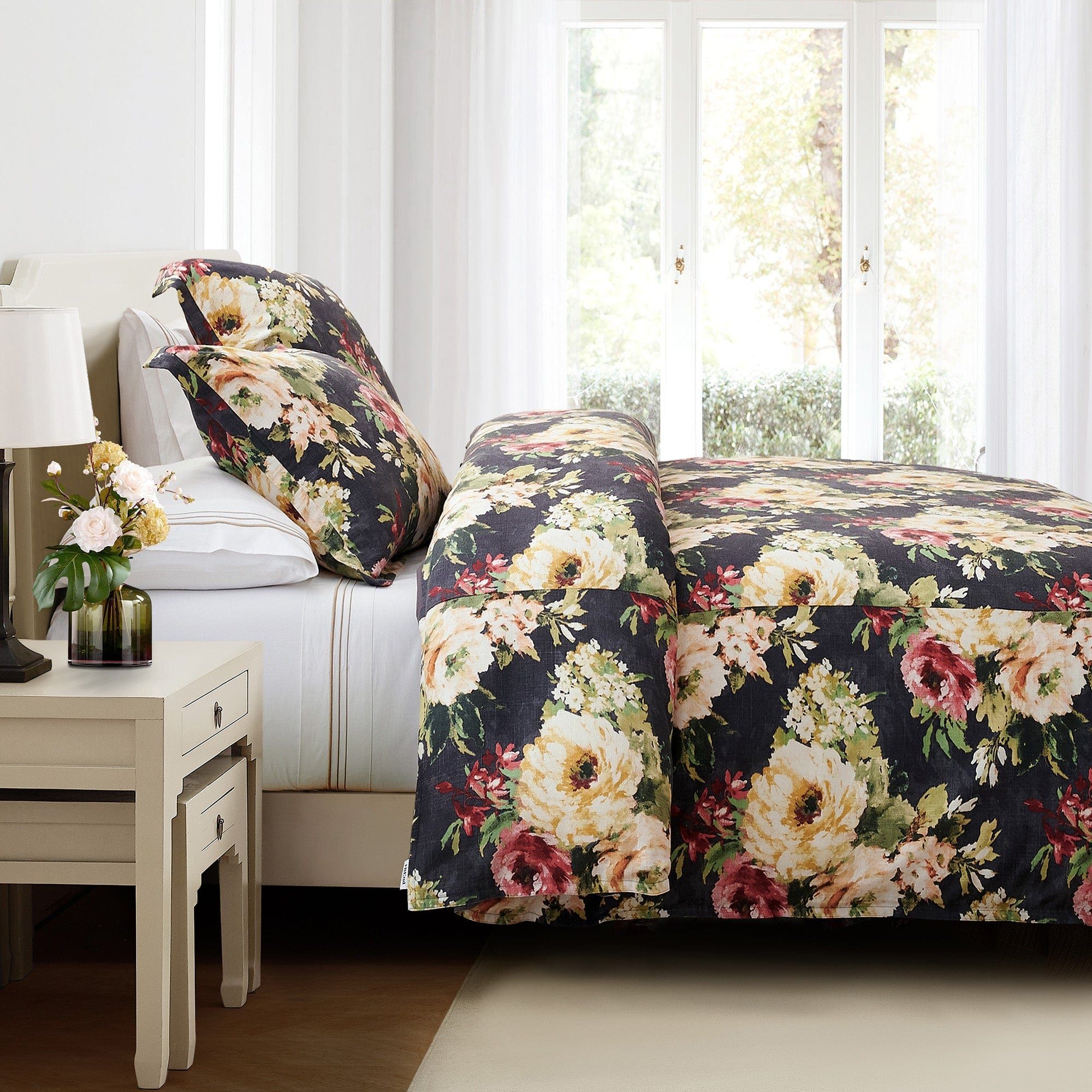 Peony - Queen Washed Linen Duvet Cover Set (Set of 3) - Charcoal