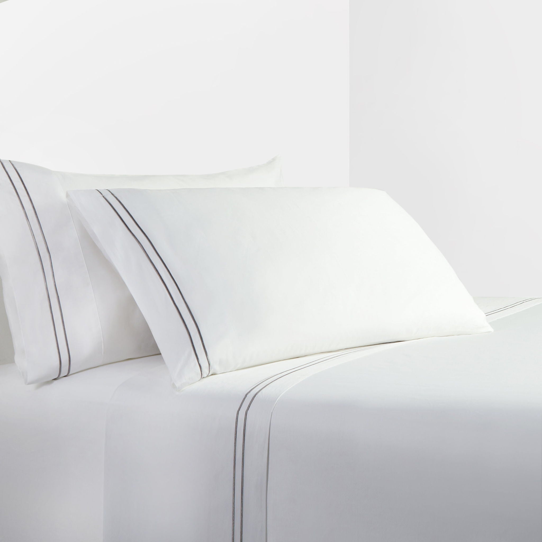 Stripe Sheet - Queen 350TC Embroidered Stripe Sheet Set (Set of 4) - White / Gray