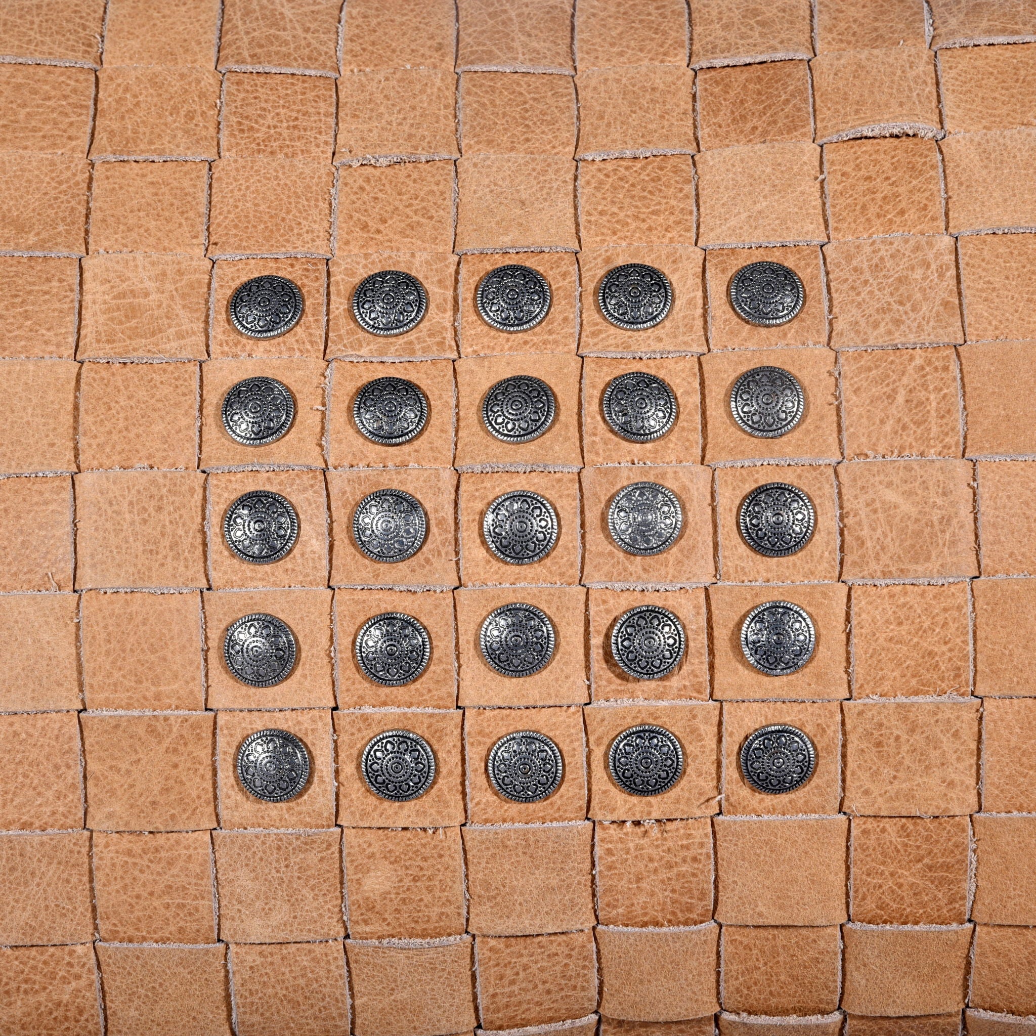 Genuine Leather - Studded Basket Weave Pillow - Tan
