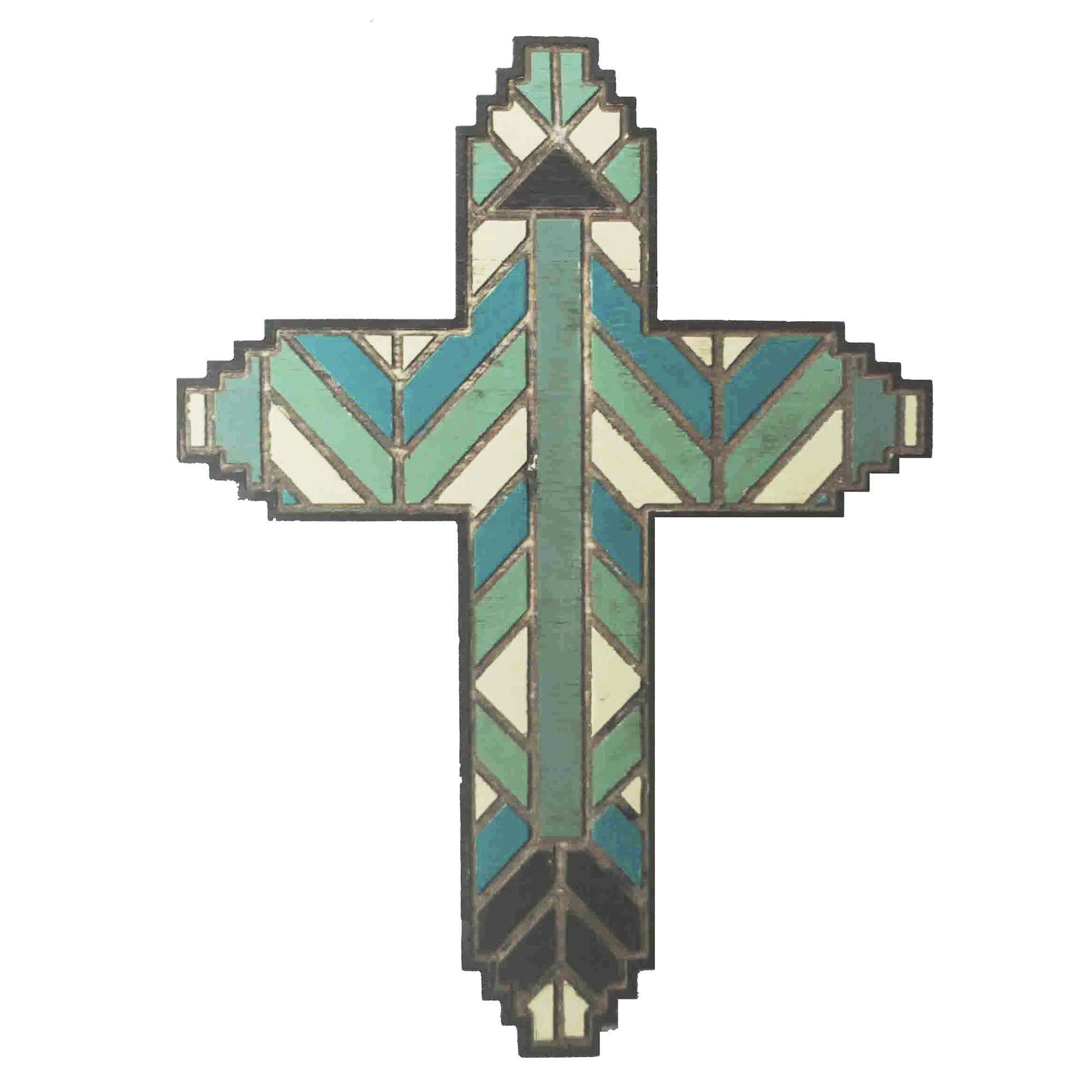 Wall Décor - 19" x 14" Wooden Stained Glass Design Cross Wall Décor 4 Per Carton - Green / Blue
